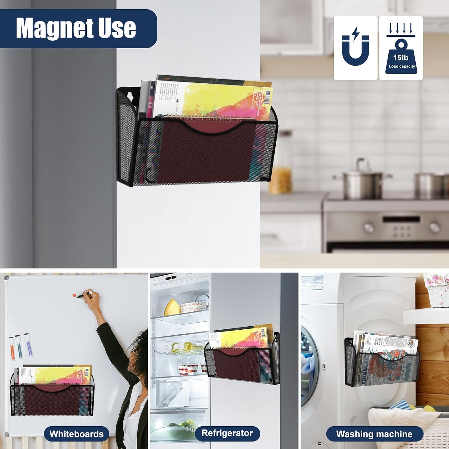 Magnetic File Holder 2 Pockets File Folder Organizer, Office Hanging Magazine Rack for Refrigerator, White Board, No