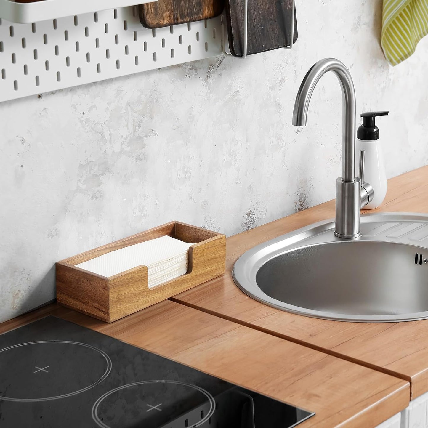 Paper Towel Dispenser Countertop, Acacia Wood Bathroom Paper Towel Holder, Black Napkin Holder for Kitchen, Countertop