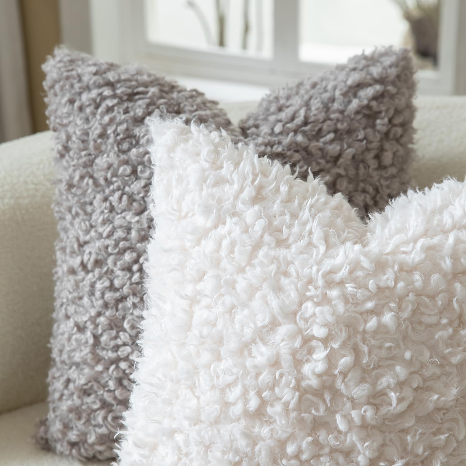 Faux Fur Throw Pillow Covers Boucle Decorative Sherpa Pillow / Cream White / 18 x 18 / Set of 2