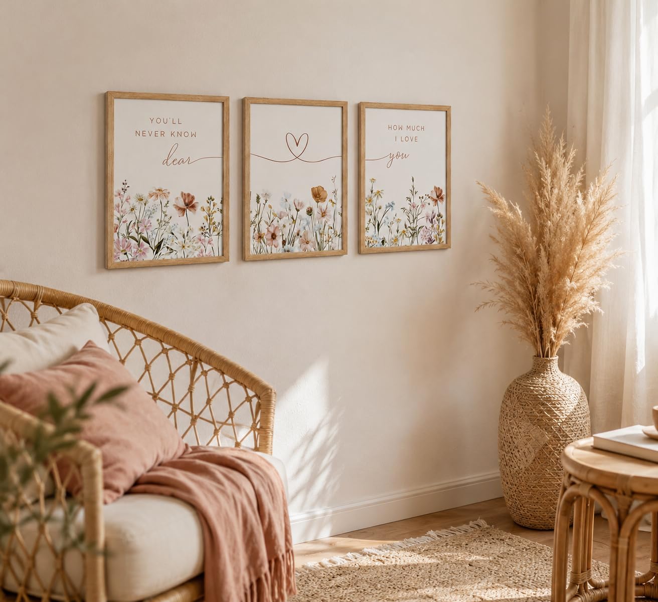 Framed Boho Nursery Wall Art Flower Botanical Sentence / Framed Wood Color / 16L" x 12W / Set of 3