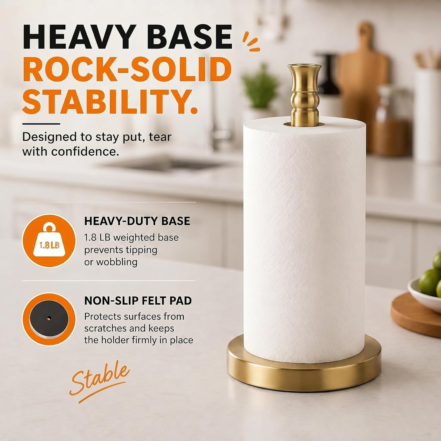Paper Towel Holder, Stainless Steel Heavy Base (2LBS in Weight, and 6.7inch in Diameter), Gold Brushed Finish, Paper
