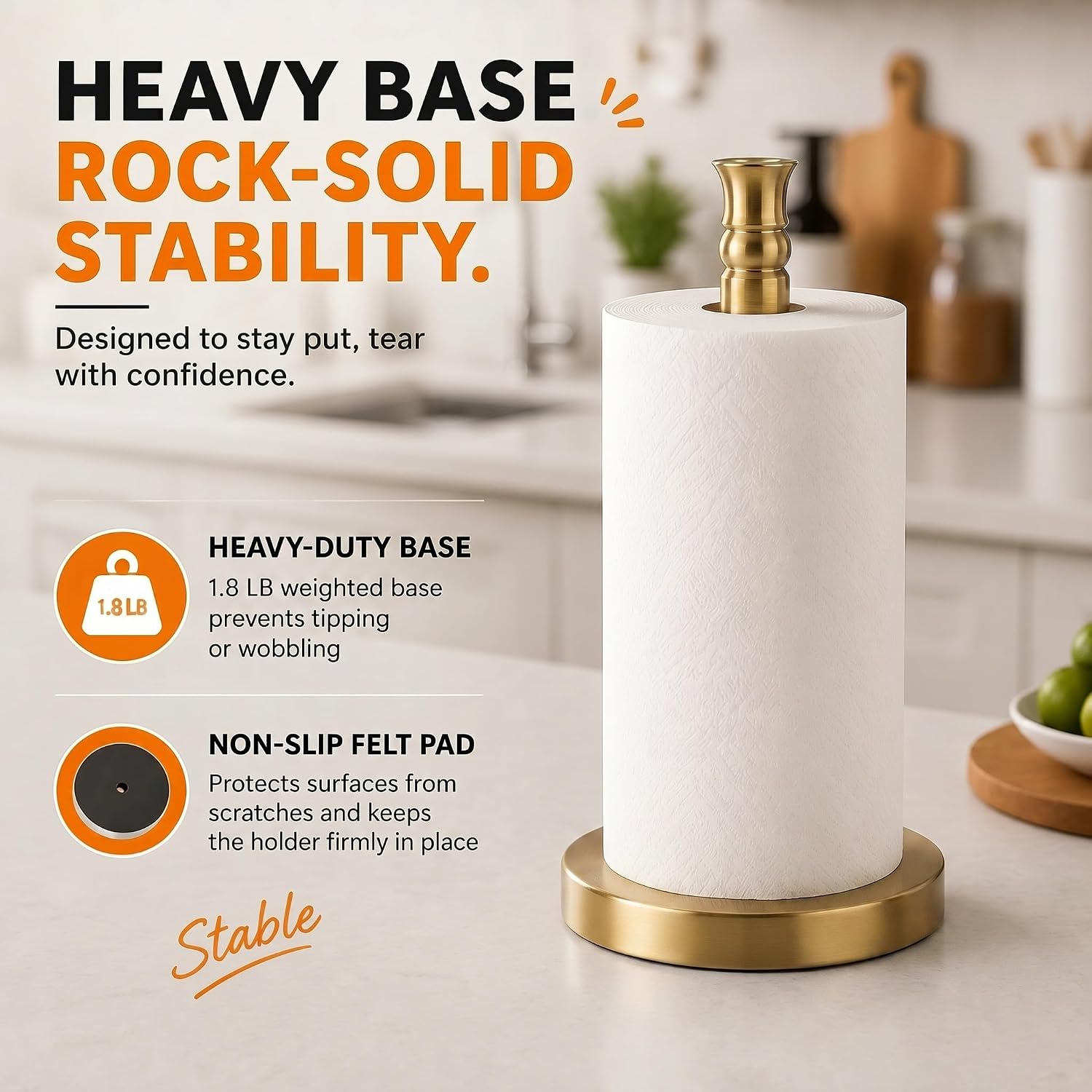Paper Towel Holder, Stainless Steel Heavy Base (2LBS in Weight, and 6.7inch in Diameter), Gold Brushed Finish, Paper