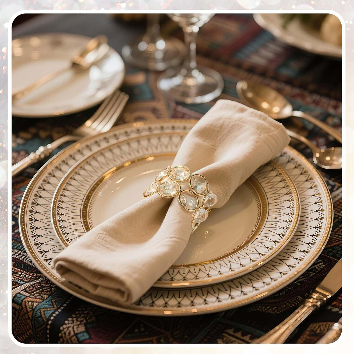 Crystal Metal Napkin Rings Set, Elegant Wedding/Party Table Decor, Shiny Holiday Dinner Accessories Bulk, Bridal Shower