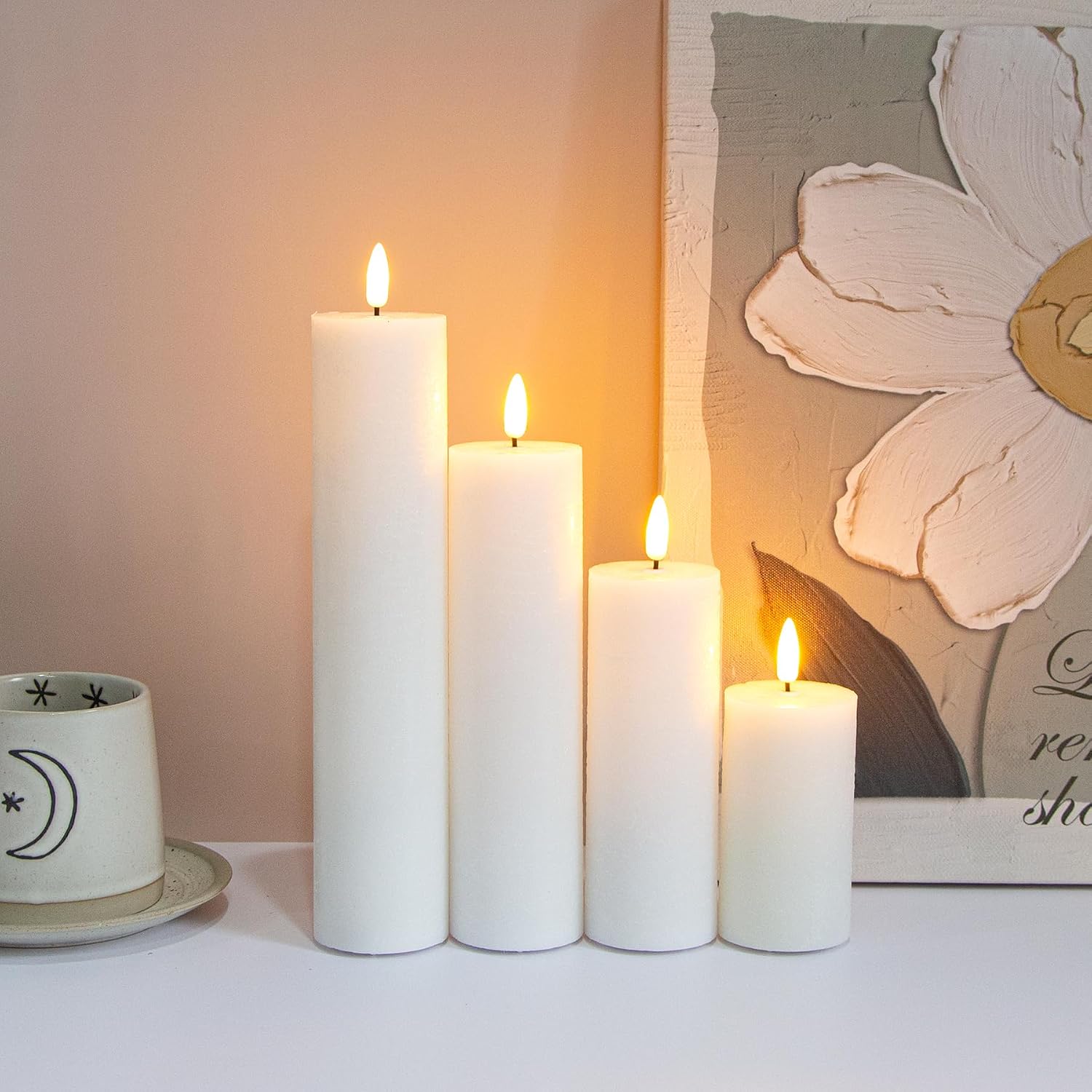 Flickering Flameless Pillar Candles with Remote Control and Cycle Timer,White Pack of 4 Battery Operated(Powered by