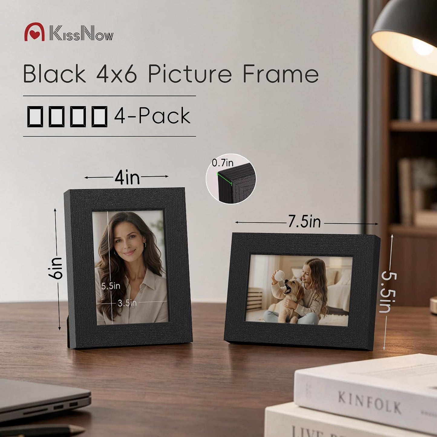 4x6 Picture Frame 4 Pack, Black Solid Wood, Wall or Tabletop | Gallery Wall Set, Thick & Wide Border, Polished