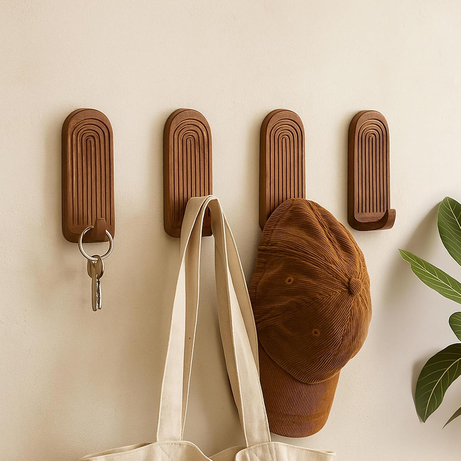 Rainbow Arch Adhesive Wall Hooks Boho Handmade Wooden No Drill Hangers Waterproof / Brown / Set of 4
