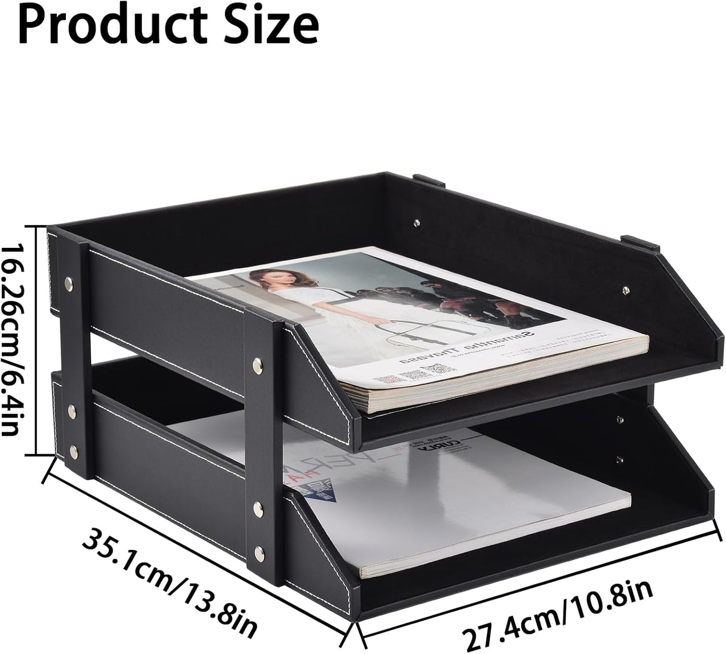 Leather Desk Organizer,2-Tier Stackable Letter Tray Holder,Office Supplies Desktop Storage Box for