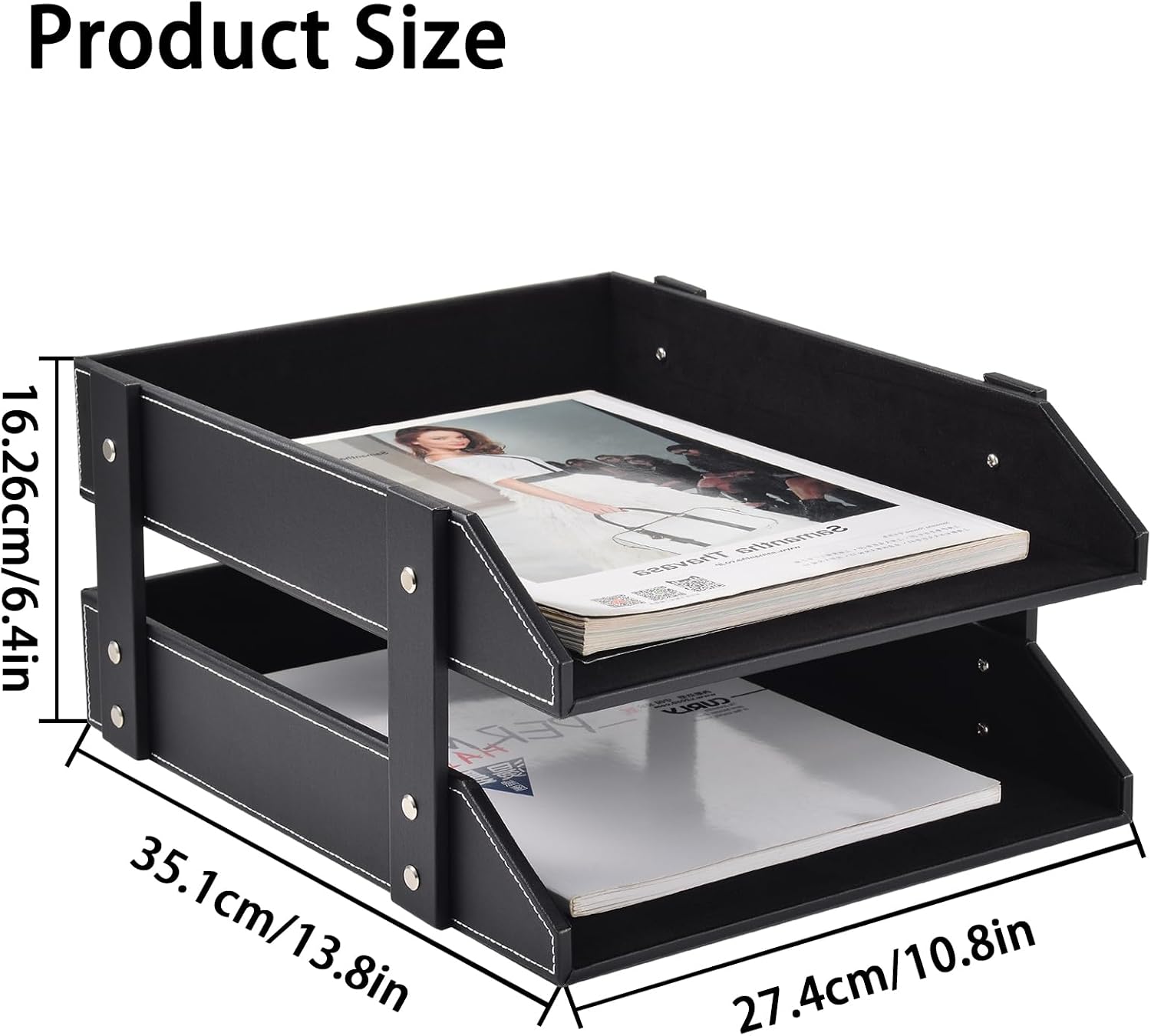 Leather Desk Organizer,2-Tier Stackable Letter Tray Holder,Office Supplies Desktop Storage Box for