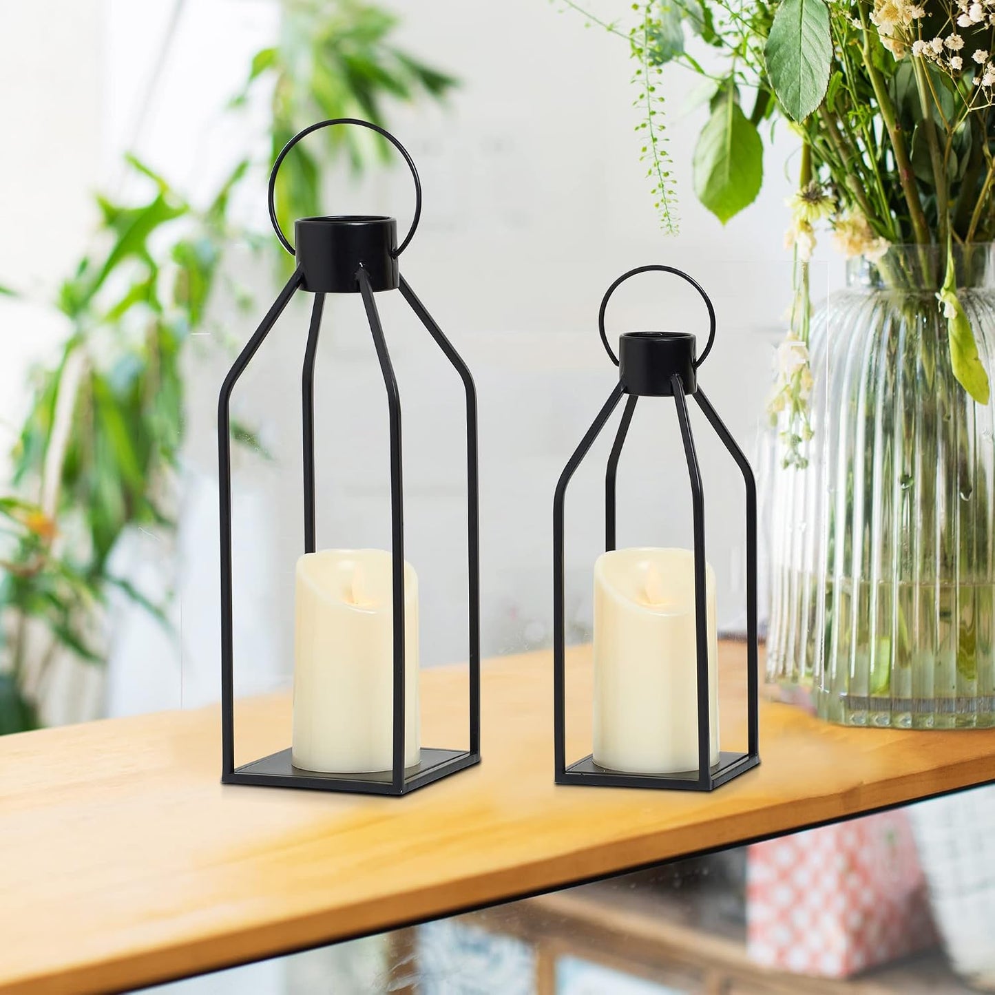 HPC Decor Modern Farmhouse Lanterrn Decor- Black Metal Candle for Summer Night- Lanterns w/Timer Flickering Candles for