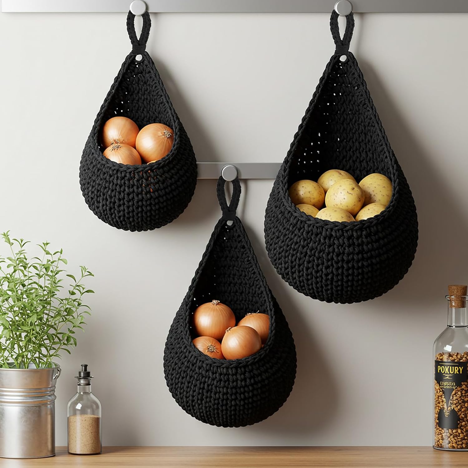 Boho Decor Hanging Wall Baskets / Black / Cotton Rope / Teardrop / Set of 3