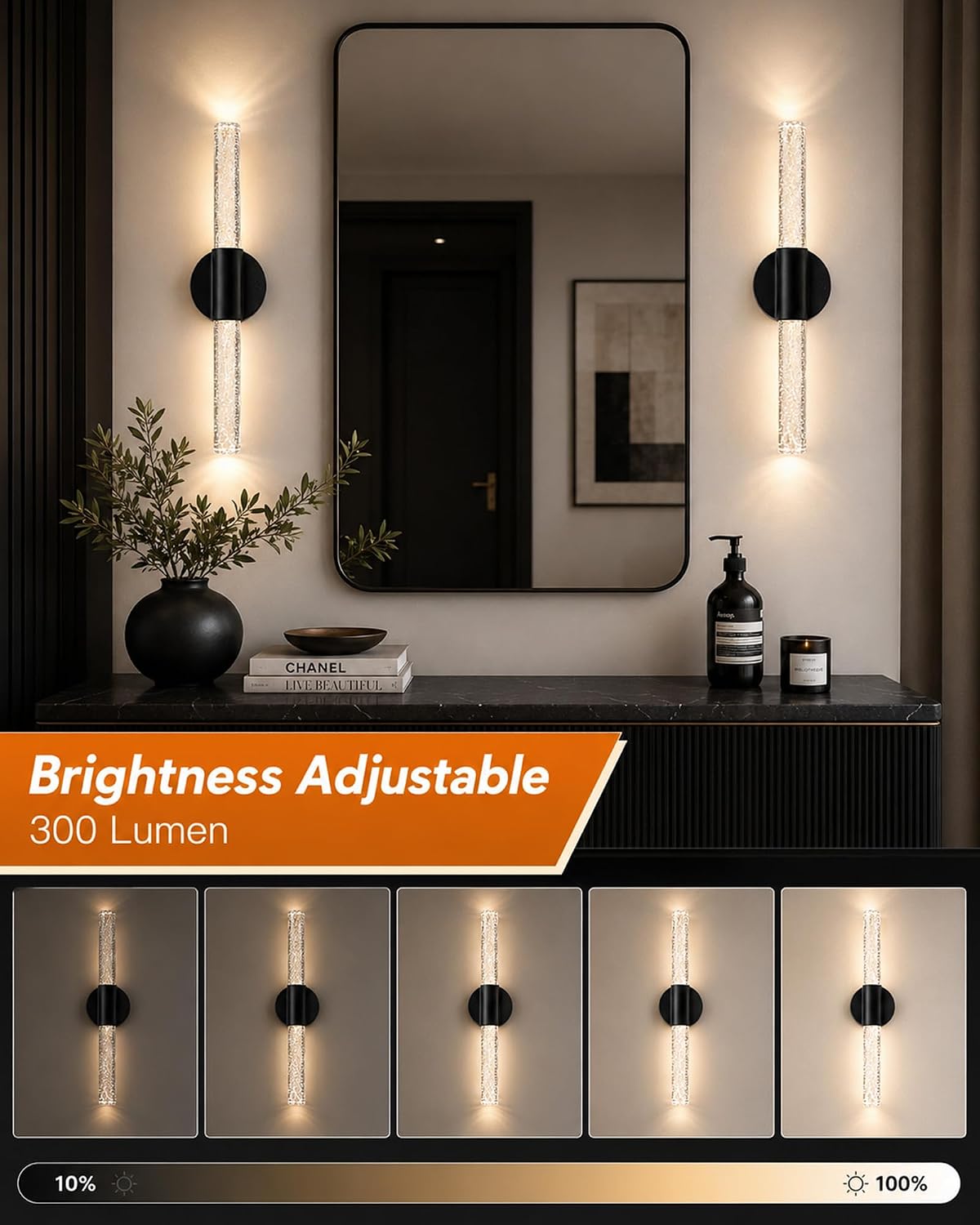 Black Rechargeable Wall Sconces Set of 2, Cordless Wall Lights | Wireless Magnetic Battery Sconces Wall Decor Set of 2