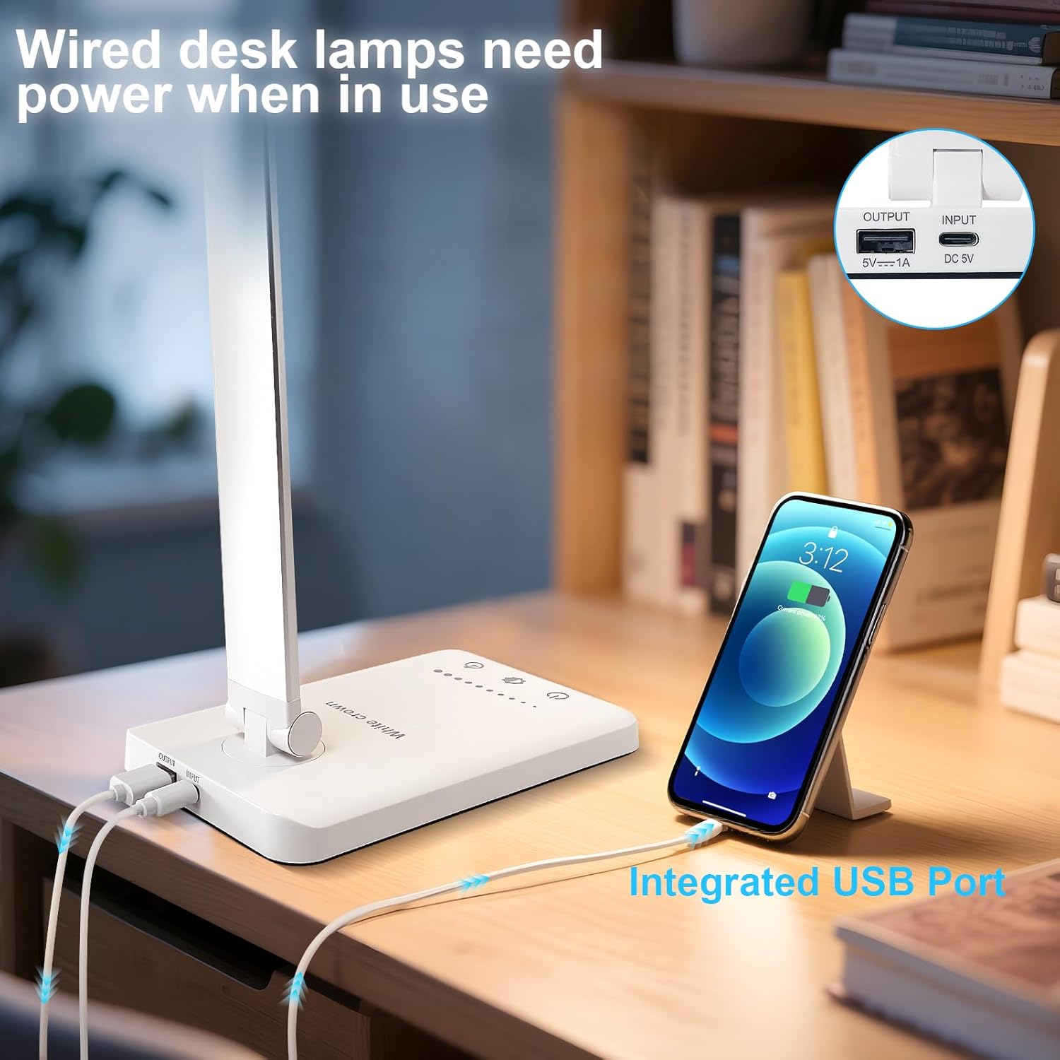 White crown LED Desk Lamp Dimmable Table Lamp Reading Lamp with USB Charging Port, 5 Lighting Modes, Sensitive Control