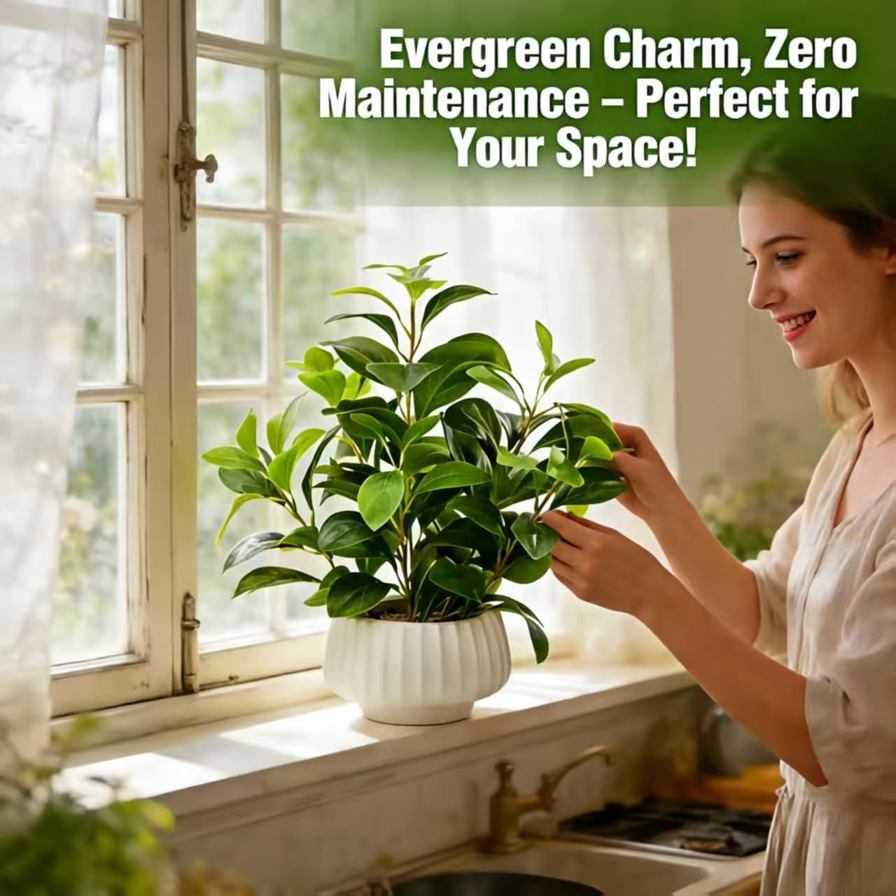 Artificial Peperomia Plants 16.5" Tall Lifelike Faux Greenery in 6" Ribbed Ceramic / Plant-b / White