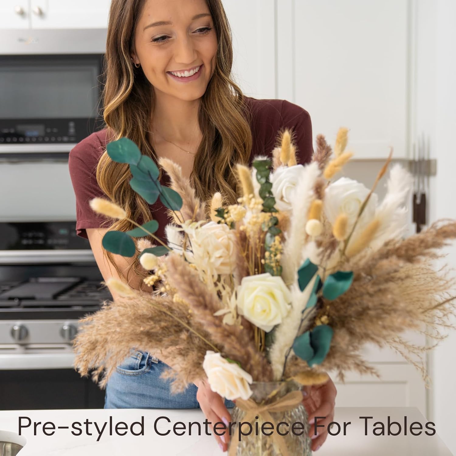 Artificial Flowers Arrangement / Pampas Bouquet In Vase / Set of 100