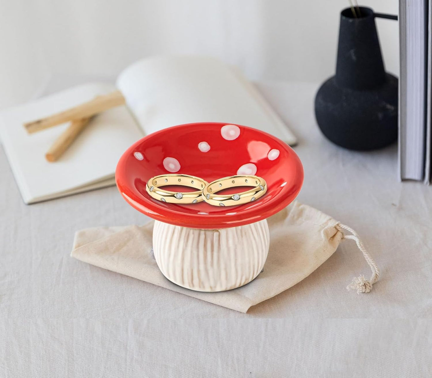 Mushroom Ring Holder Jewelry Tray Dish Ceramic Trinket Storage Jar Mini Engagement Ring Holder / Red