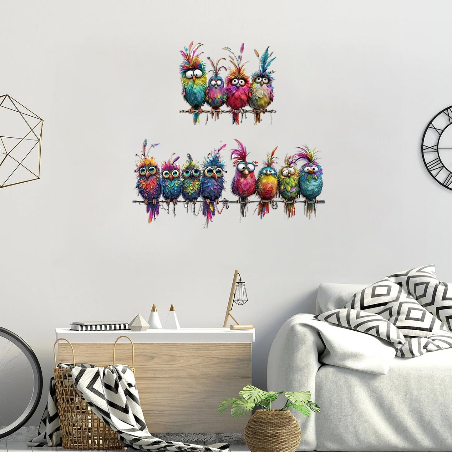 Funny Birds Vinyl Decals on Branch Wall Easy Peel and Stick Watercolor / Colorful / Set of 9