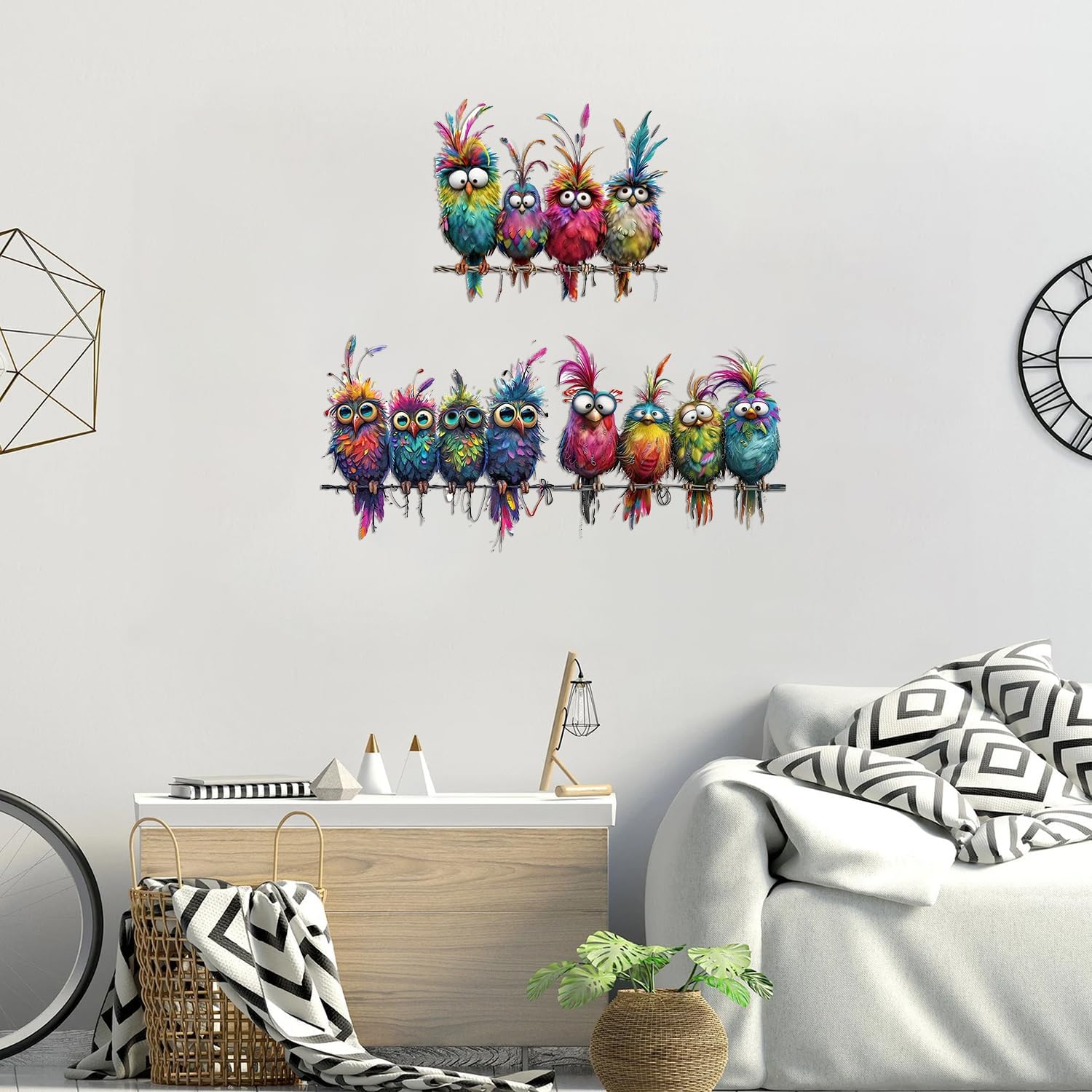 Funny Birds Vinyl Decals on Branch Wall Easy Peel and Stick Watercolor / Colorful / Set of 9