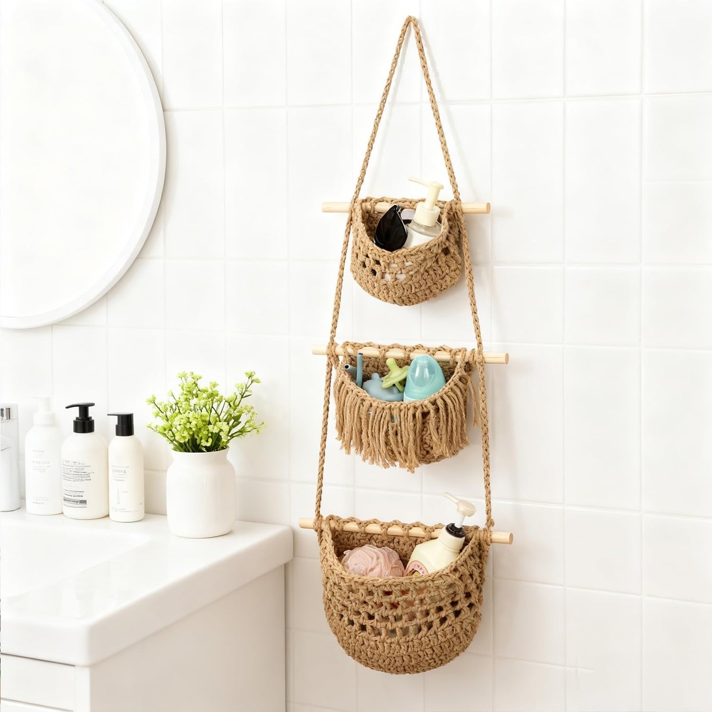 3 Tier Woven Wall Basket / Brown
