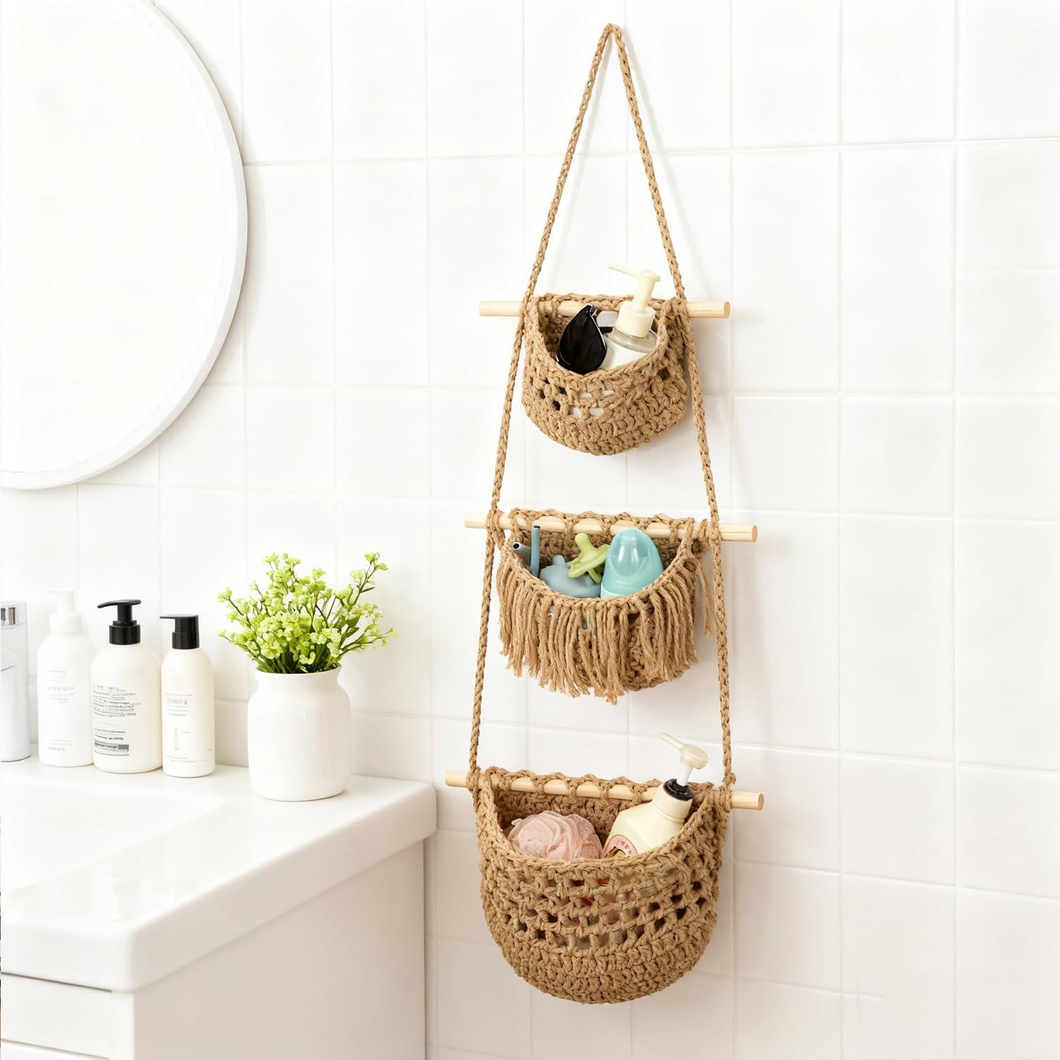 3 Tier Woven Wall Basket / Brown