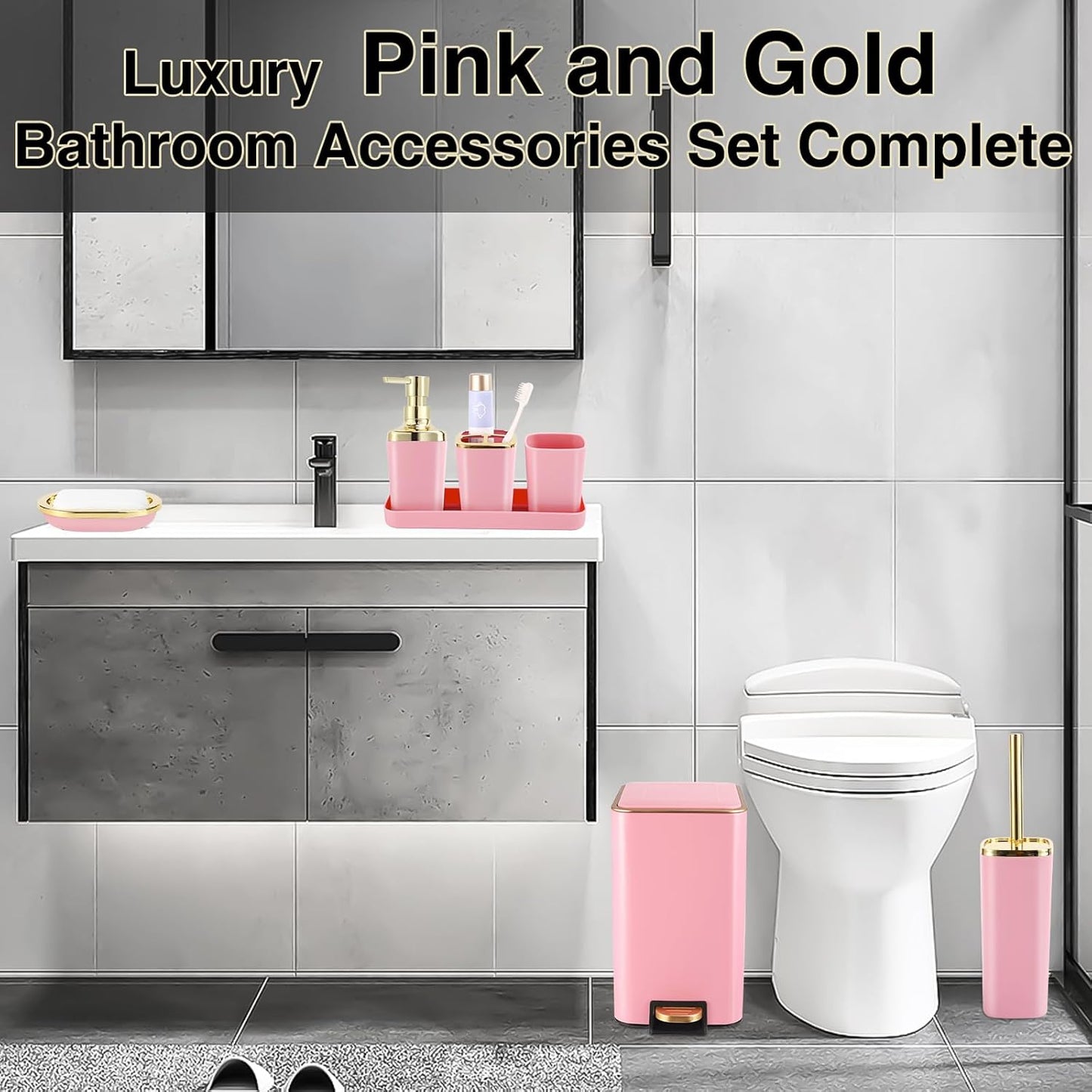 XLHOMO Pink Bathroom Accessories Set 8 Piece Pink and Gold Bathroom Set, Bathroom Sets with Stainless Steel Trash
