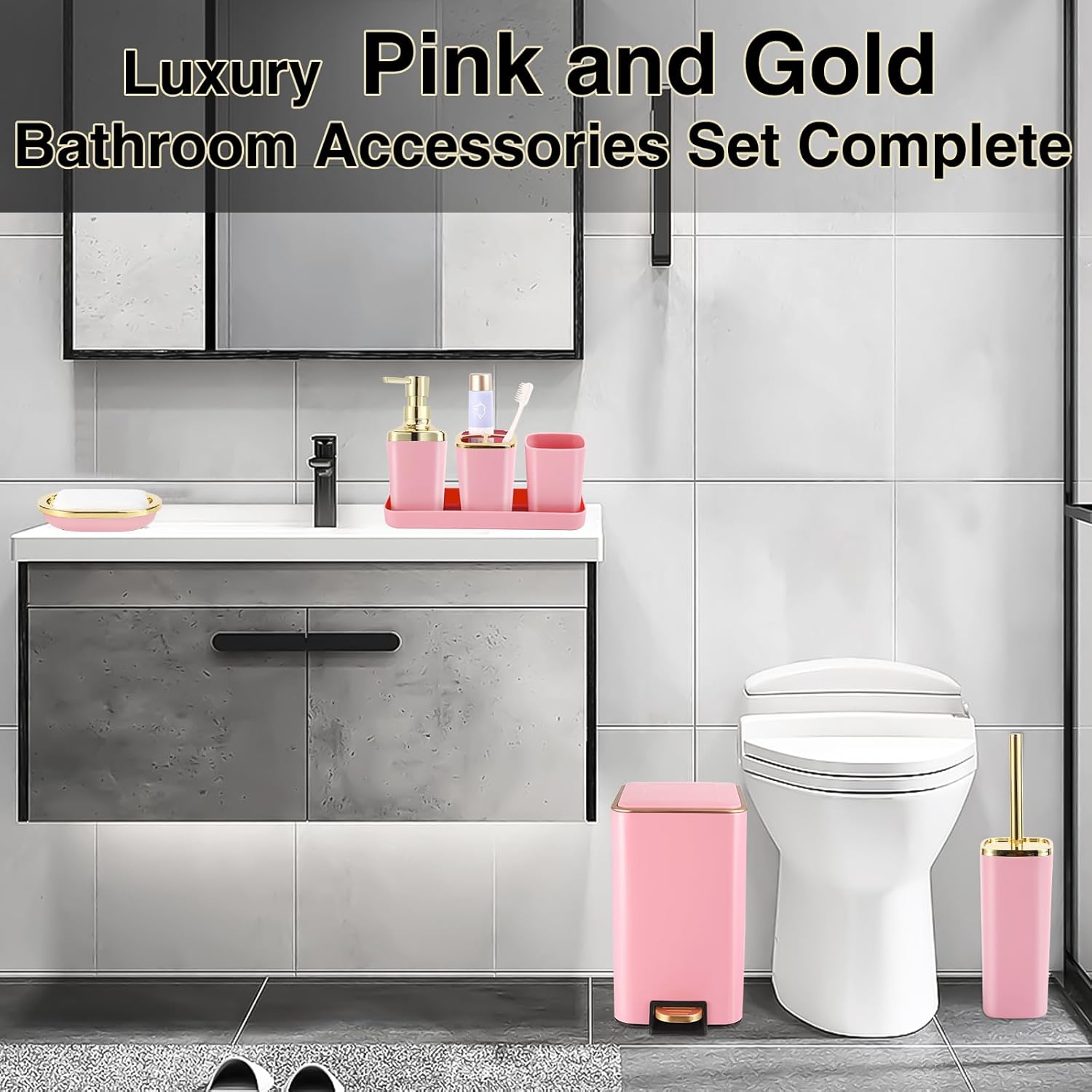 XLHOMO Pink Bathroom Accessories Set 8 Piece Pink and Gold Bathroom Set, Bathroom Sets with Stainless Steel Trash