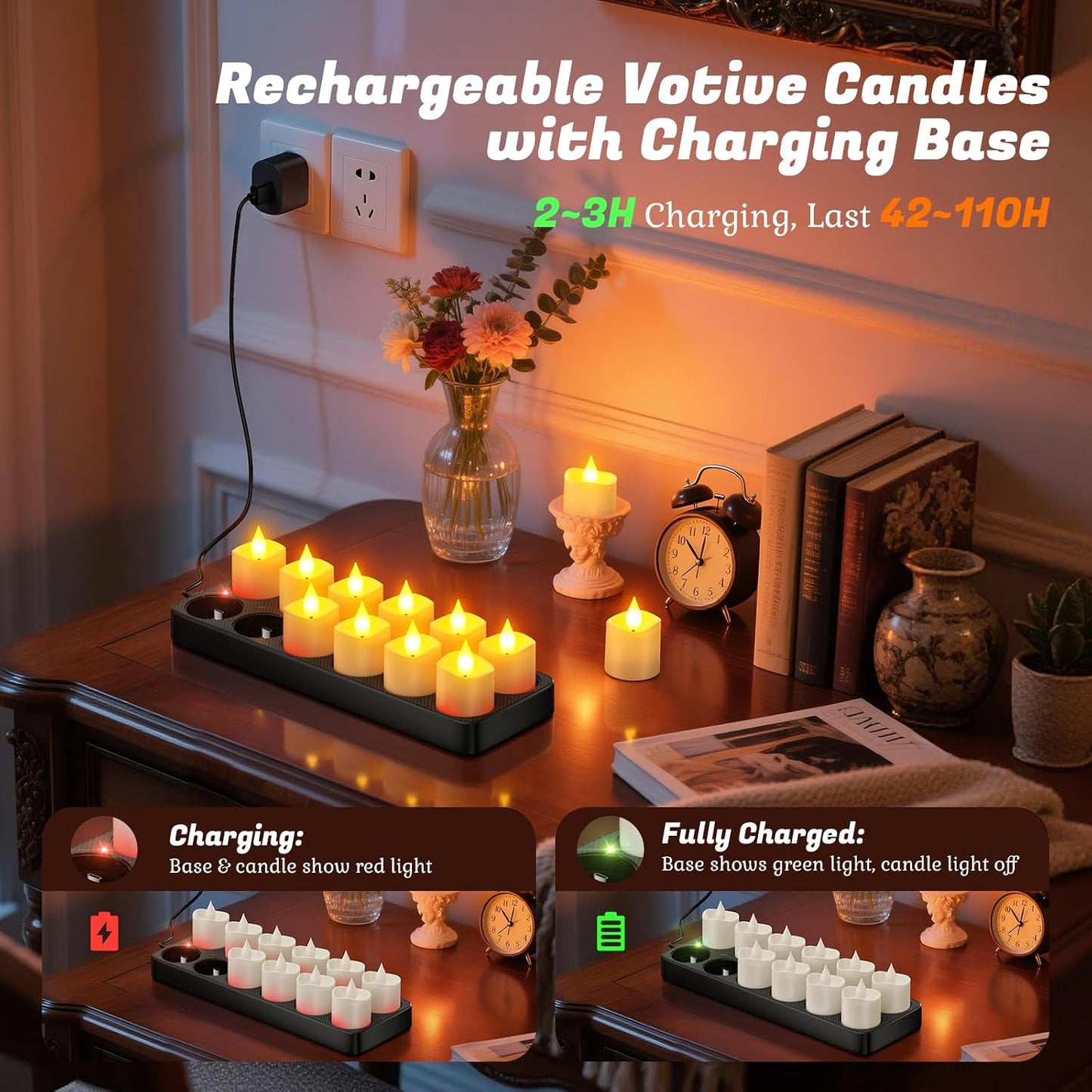 PChero Rechargeable Flameless Candles with Remote Timer & Charging Base | 12 Pack Votive Candles Battery Operated Tea