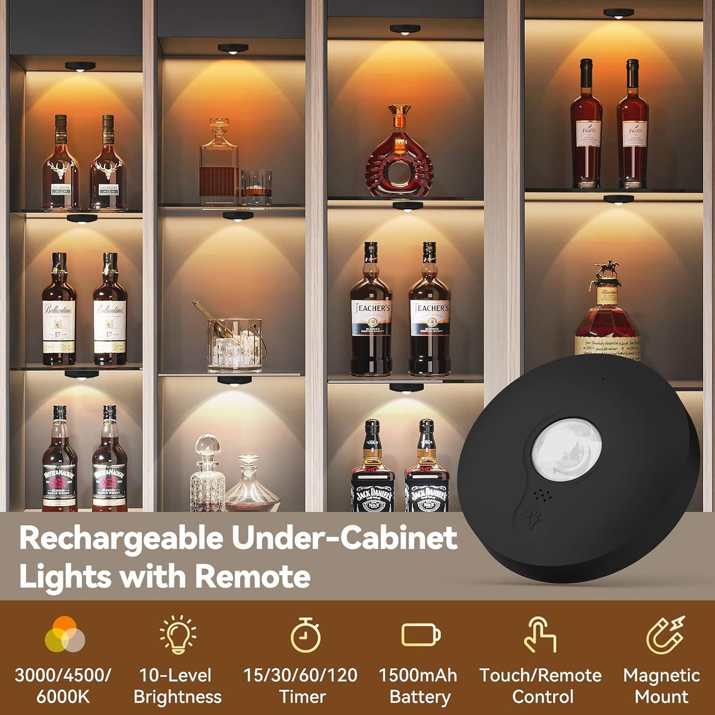 Yiliaw Rechargeable Puck Lights with Remote, 12 Pack Magnetic Under Cabinet Lighting, 1500mAh Battery Operated LED Tap