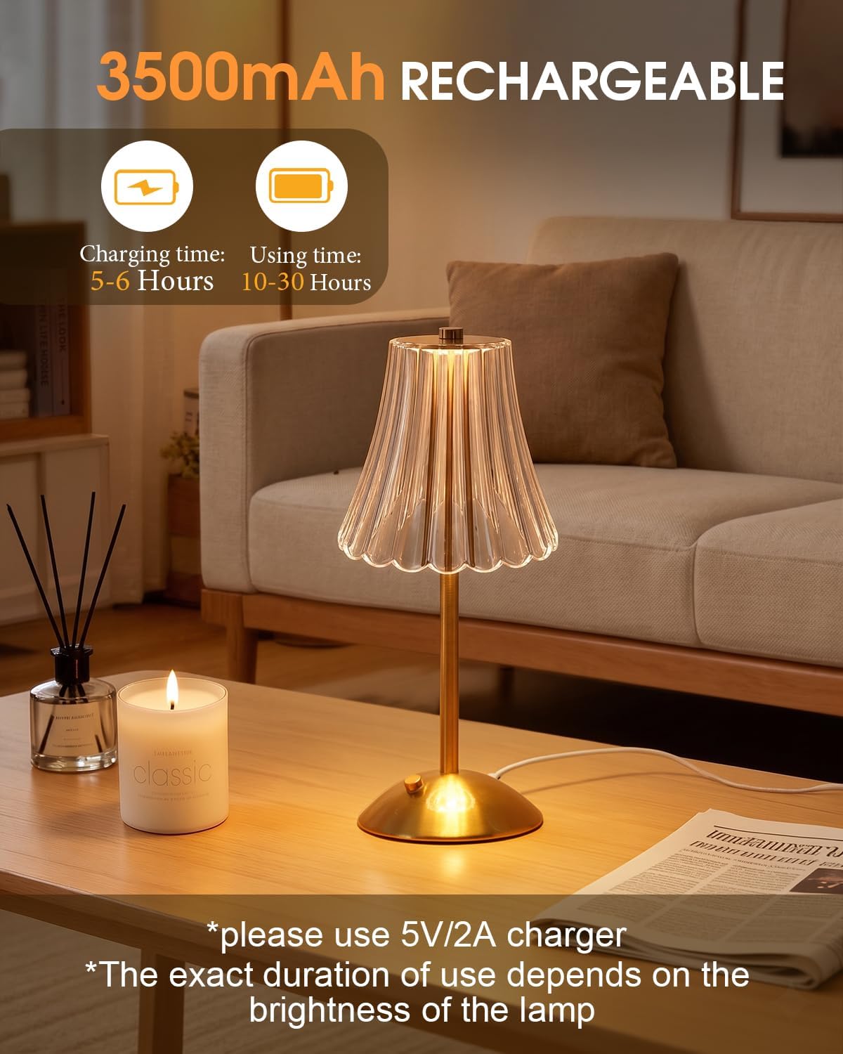 Nusogon Rechargeable Cordless Table Lamp, Gold Touch Crystal Desk Lamp | 3 Color Dimmable LED Small Lamp, Battery