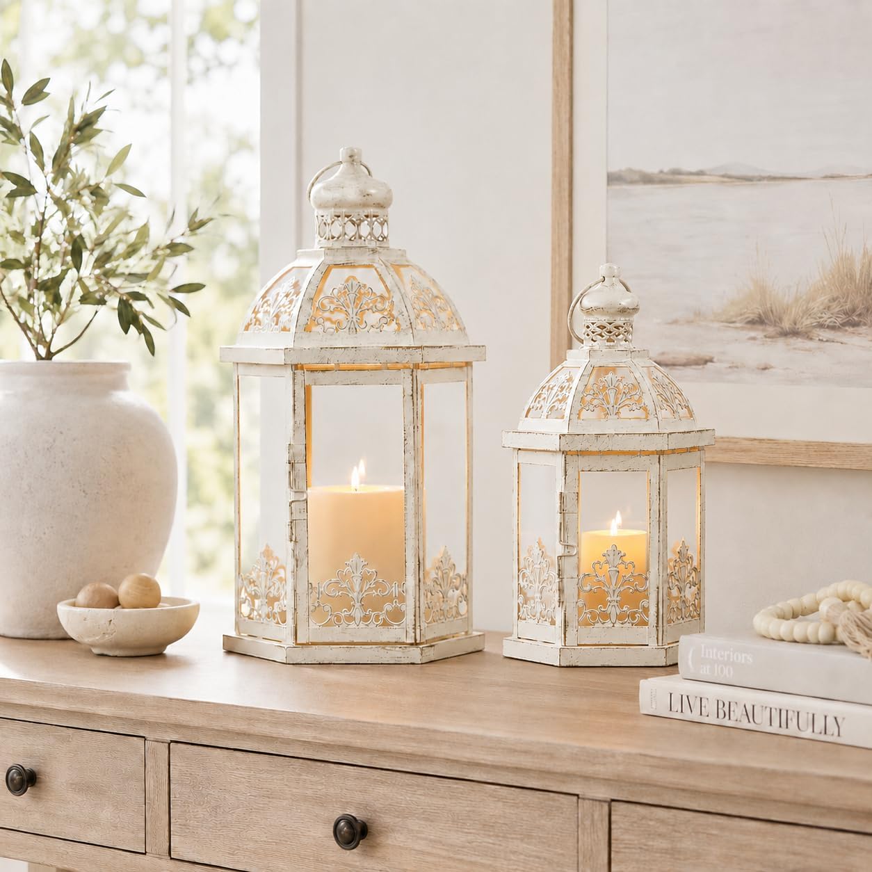 Lanterns Decorative Outdoor&Indoor, Set of 2 (15"&11") Beige Metal Lantern Decor with Glass, Candle Holder for Porch