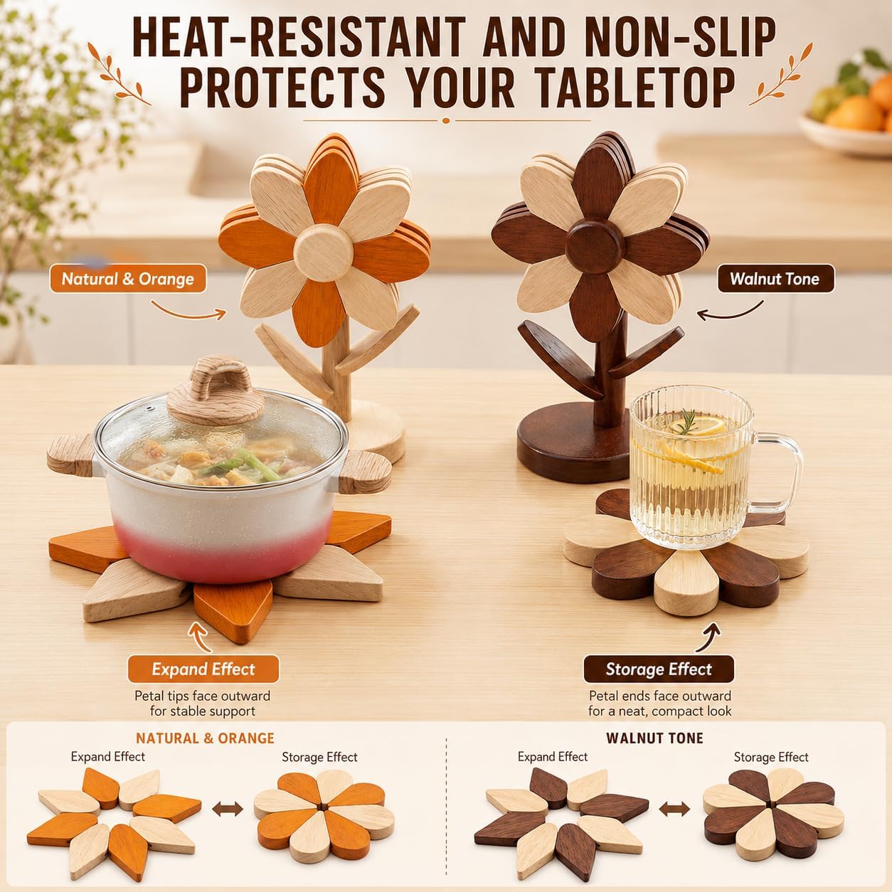 5-Piece Wooden Flower Trivets for Hot Pots and Pans / Walnut & Beech Wood