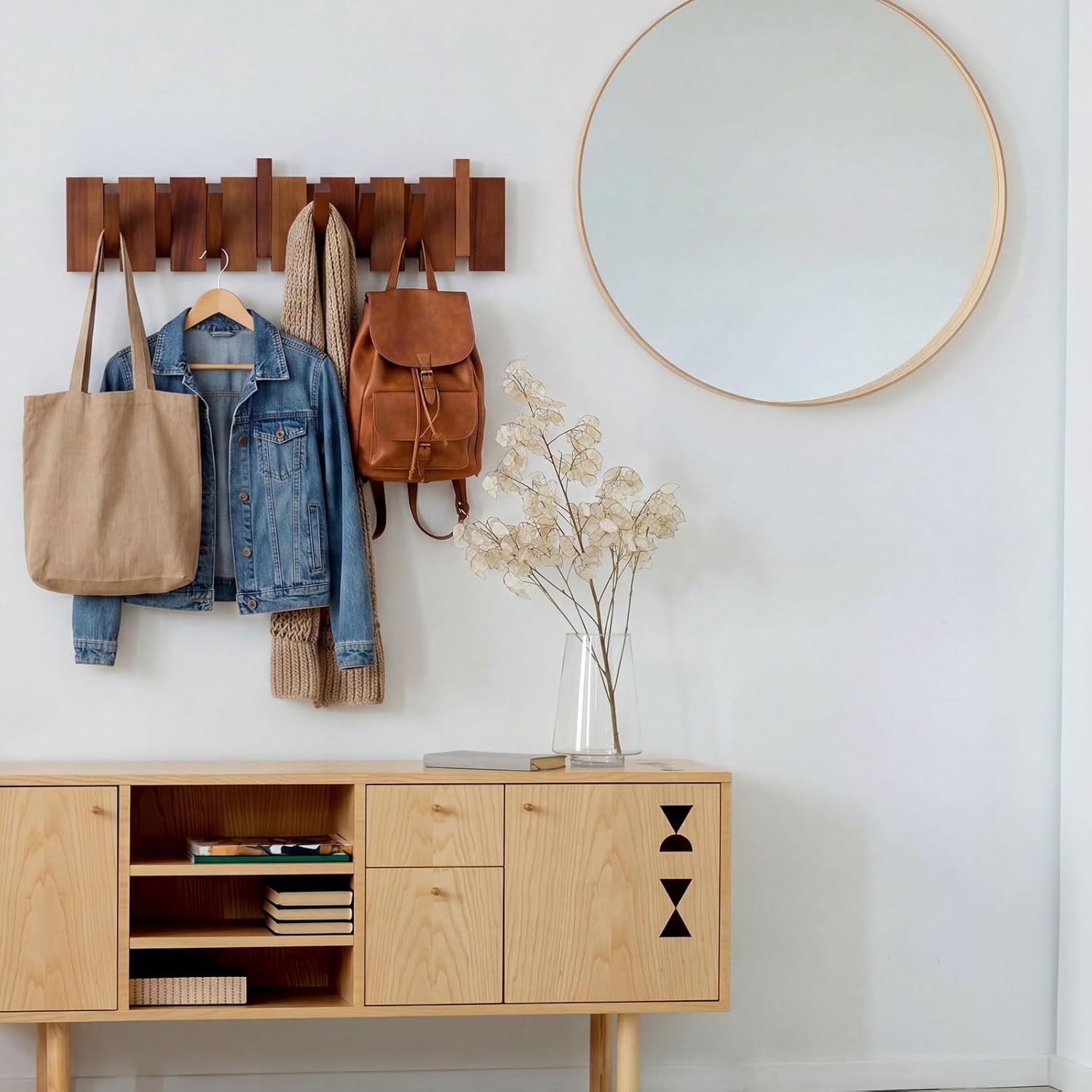 4 Hook Wood Coat Rack Wall Mount Wooden Coat Hooks Rustic Heavy Duty Flip / Wood Color / 8 Hooks