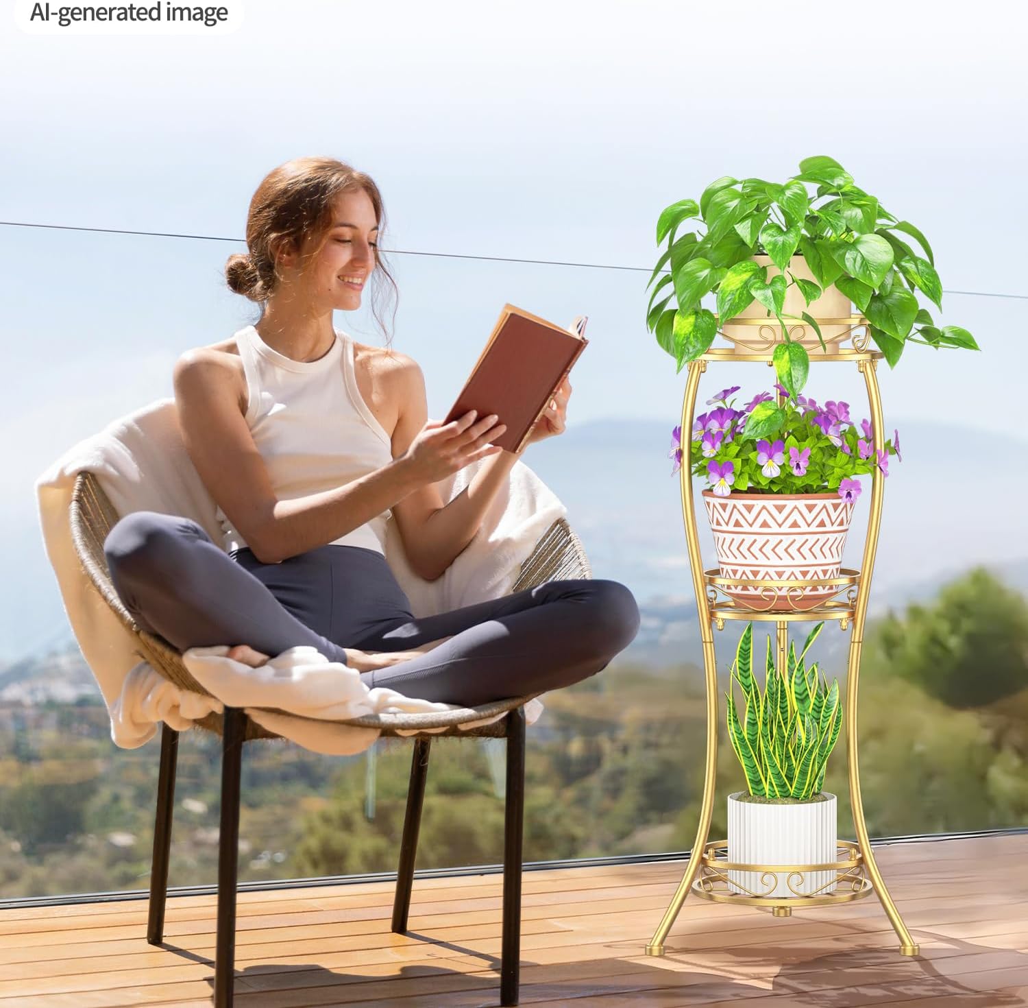 LASZOLA 3 Tiers Metal Corner Plant Flower Stand Tall Indoor Outdoor, Gold | Heavy Duty Small Holder Shelf for Multiple