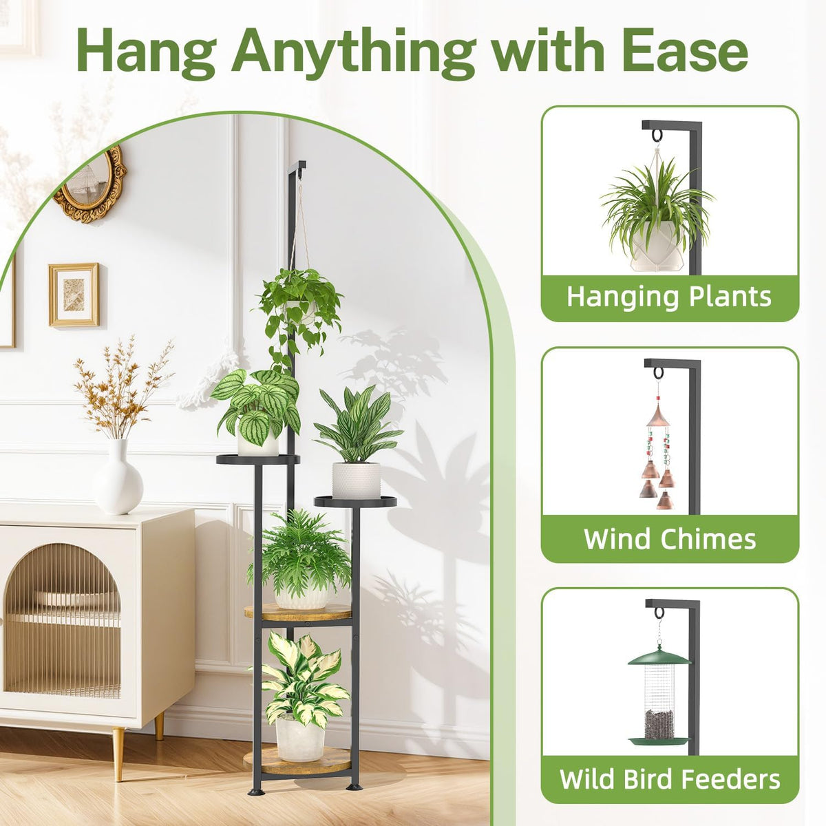 iDavosic.ly Hanging Plant Stand Indoor, 4 Tier, 62 In Tall, Black & Brown | Vertical Corner Metal Flower Shelf with
