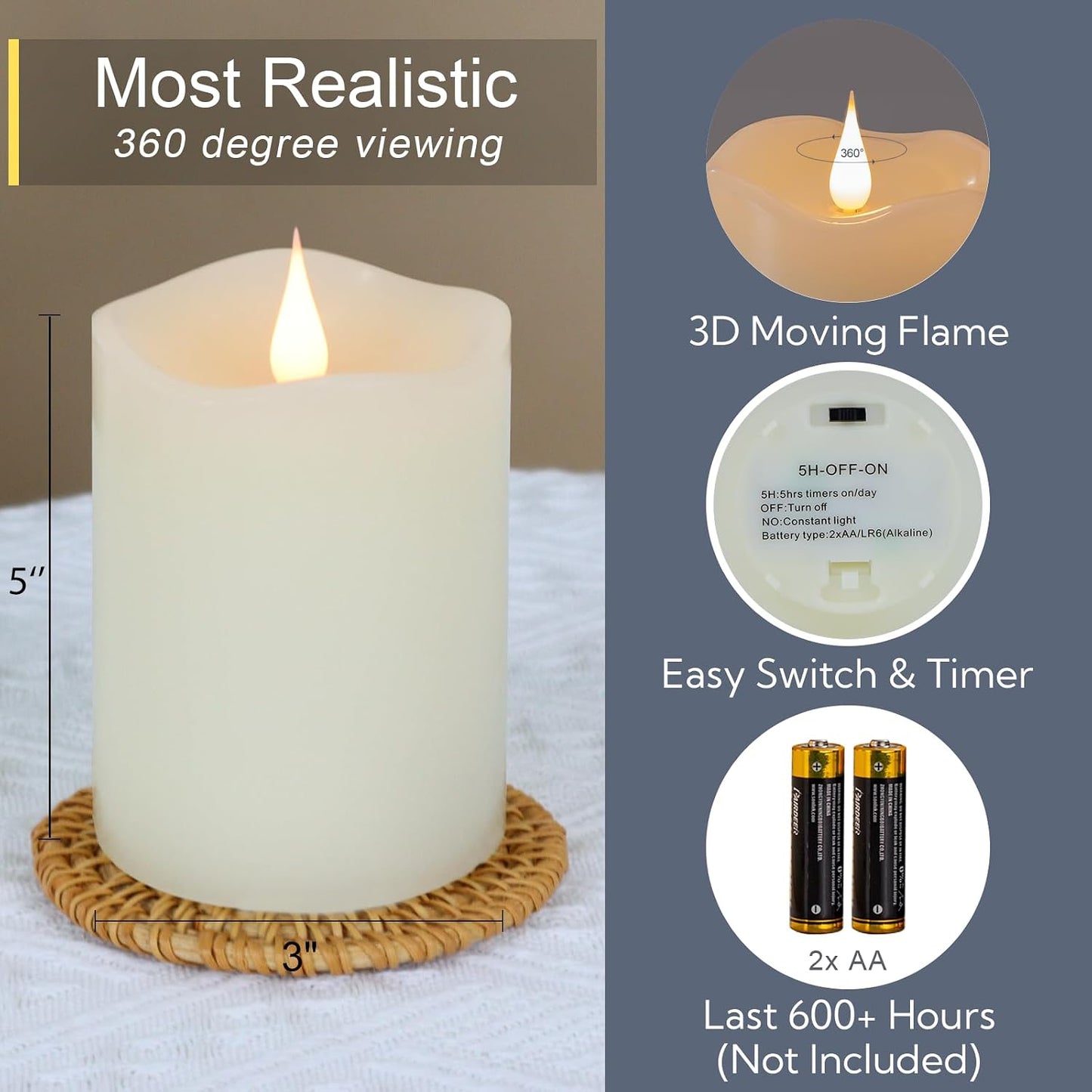 Flameless Candles Battery Operated with Remote Timer, 3D Moving Flame Flickering, Last 600+ Hours Battery Candles, 3" x