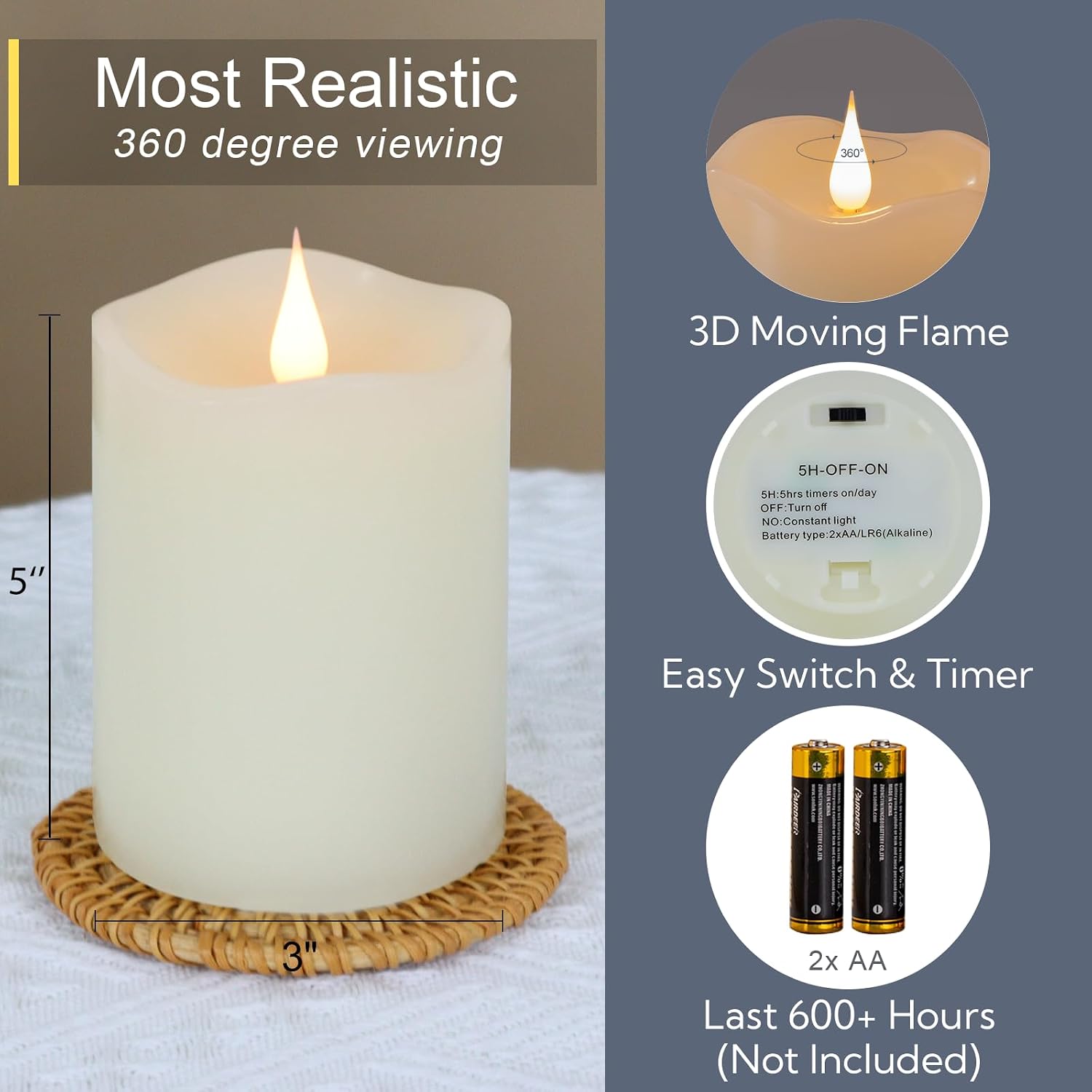 Flameless Candles Battery Operated with Remote Timer, 3D Moving Flame Flickering, Last 600+ Hours Battery Candles, 3" x