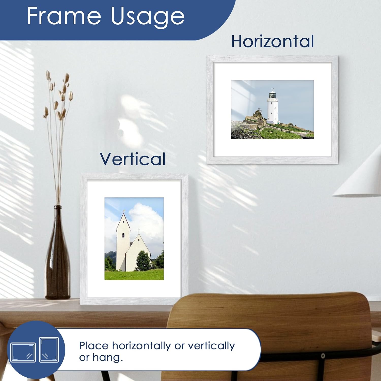 8x10 Picture Frame Set of 6, Wall or Tabletop Display, Silver | Display Pictures 5x7 with Mat or 8x10 Without Mat