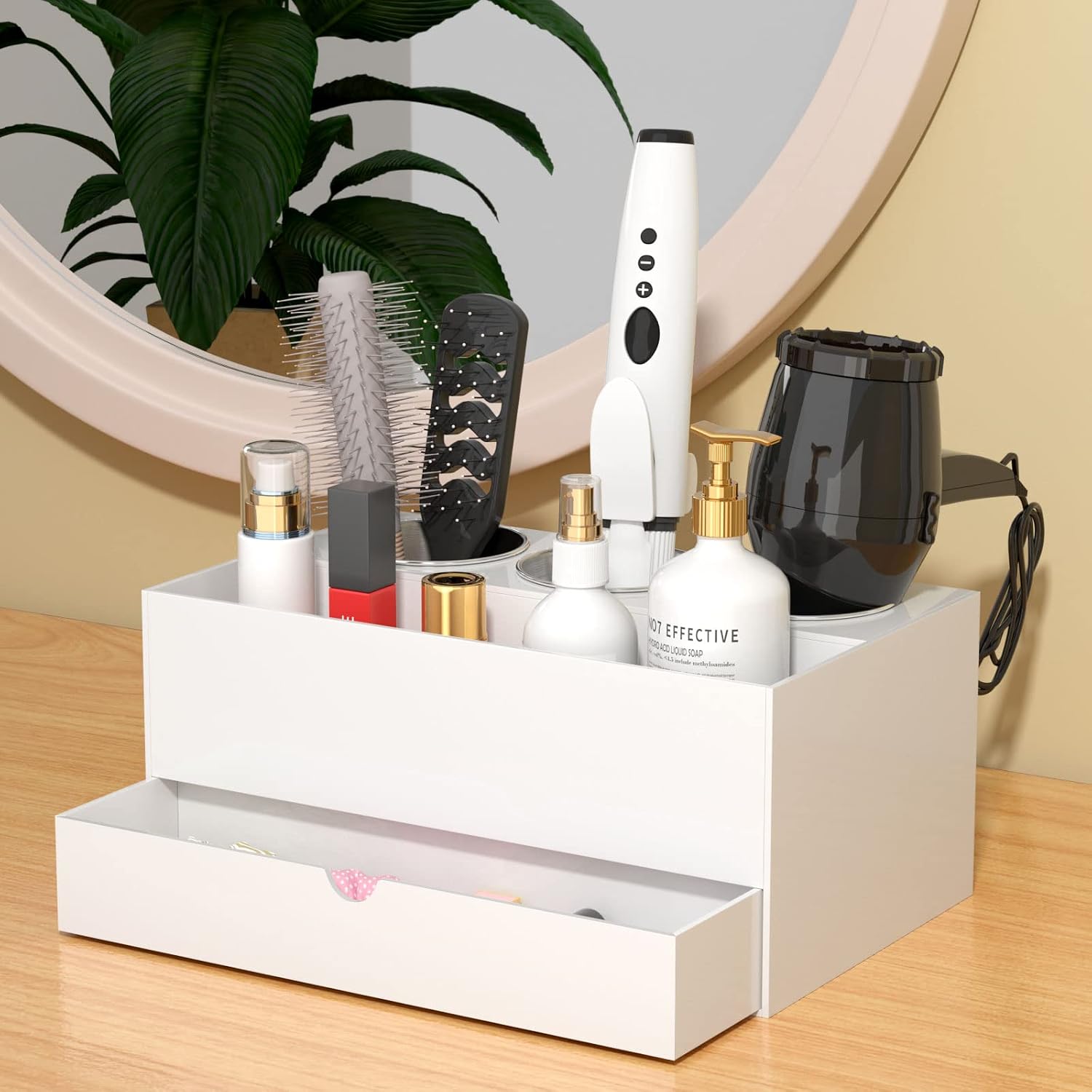 NIUBEE Acrylic Hair Tool Organizer with Drawer, Hair Dryer Holder Organizer | White, Hot Tools Organizer Countertop