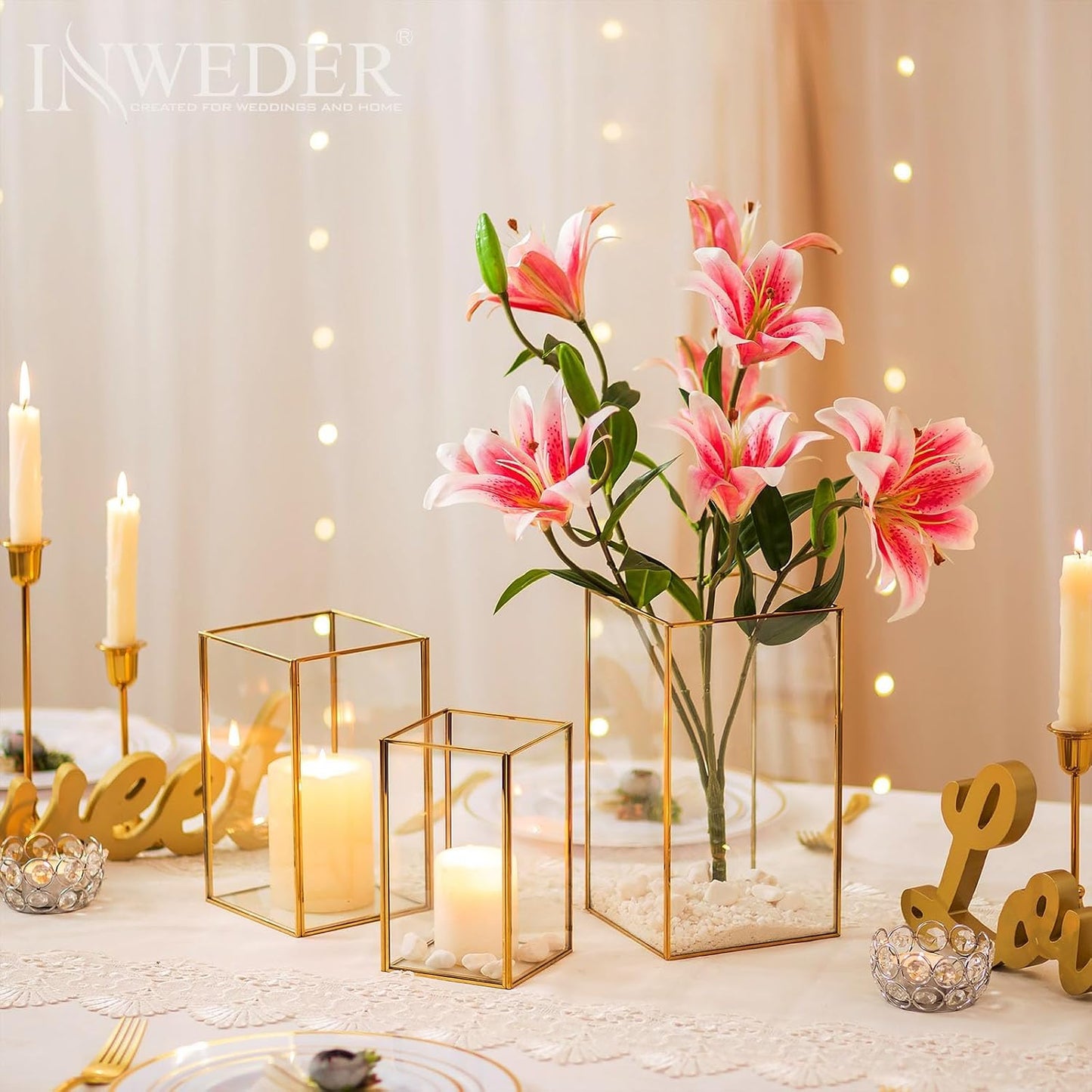 Hurricane Glass Candle Holder: Large Gold Lanterns Set of 3 | Geometric Design, 6.5/8.1/9.5 In Decorative Lanterns for