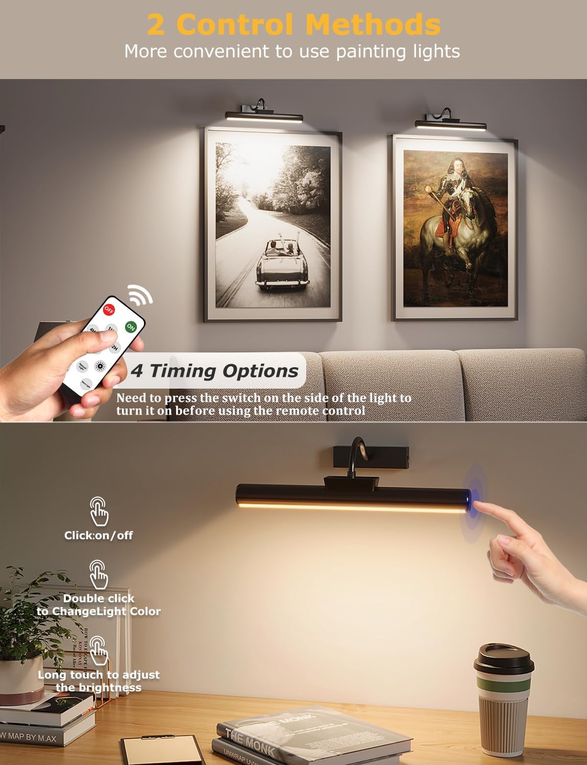 16" Wireless Picture Lights for Wall, Rechargeable Art Light, 2Pack Black | Aluminum Photo Frame Light, Remote & Touch