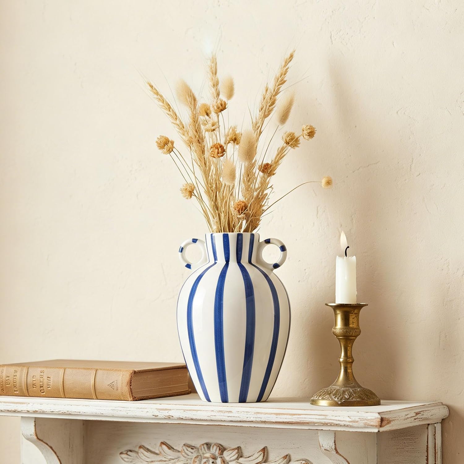 Ceramic Striped Flower Vase / Blue