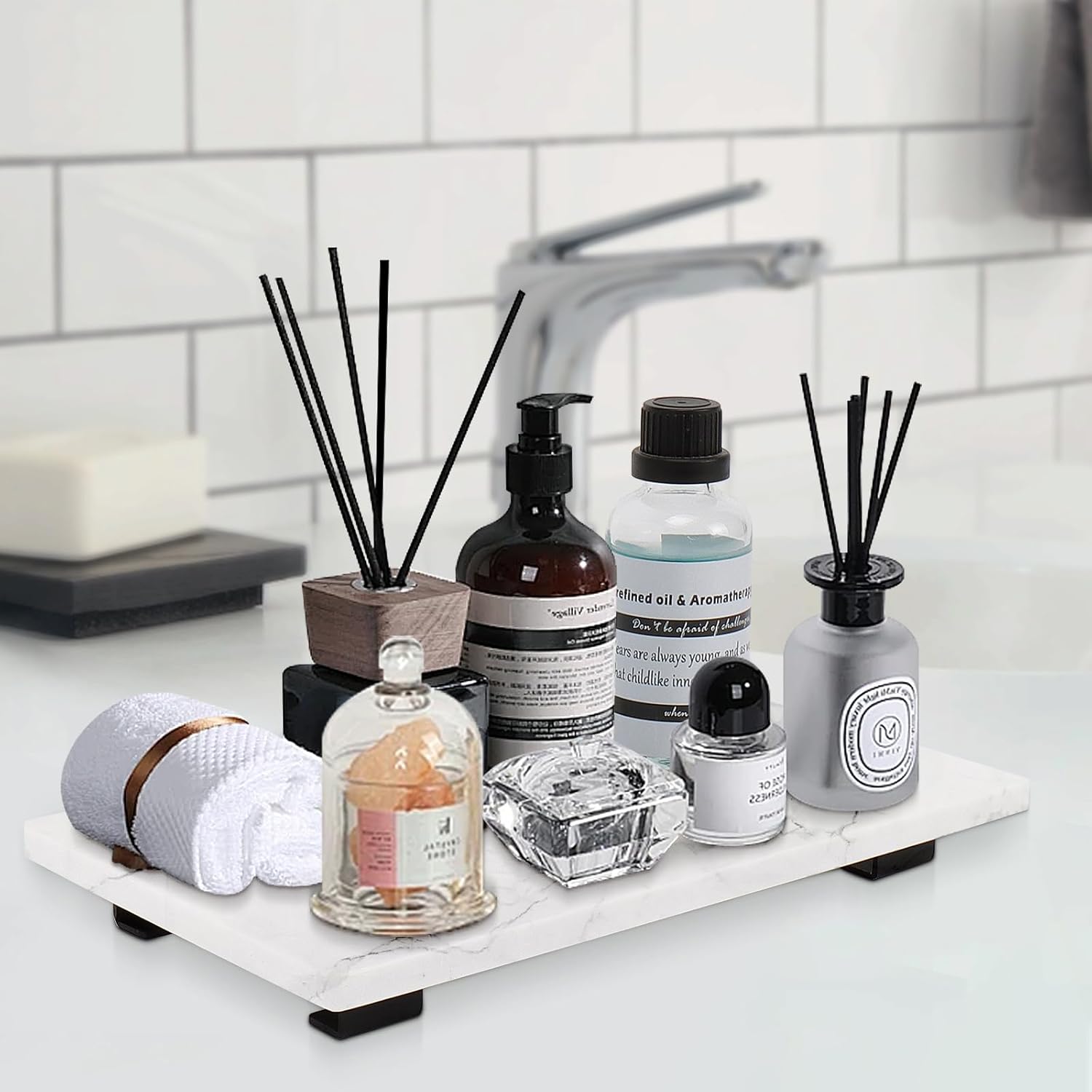 Bathroom Vanity Tray and Marble Kitchen Soap Tray / 10 x 6 x 1 / White
