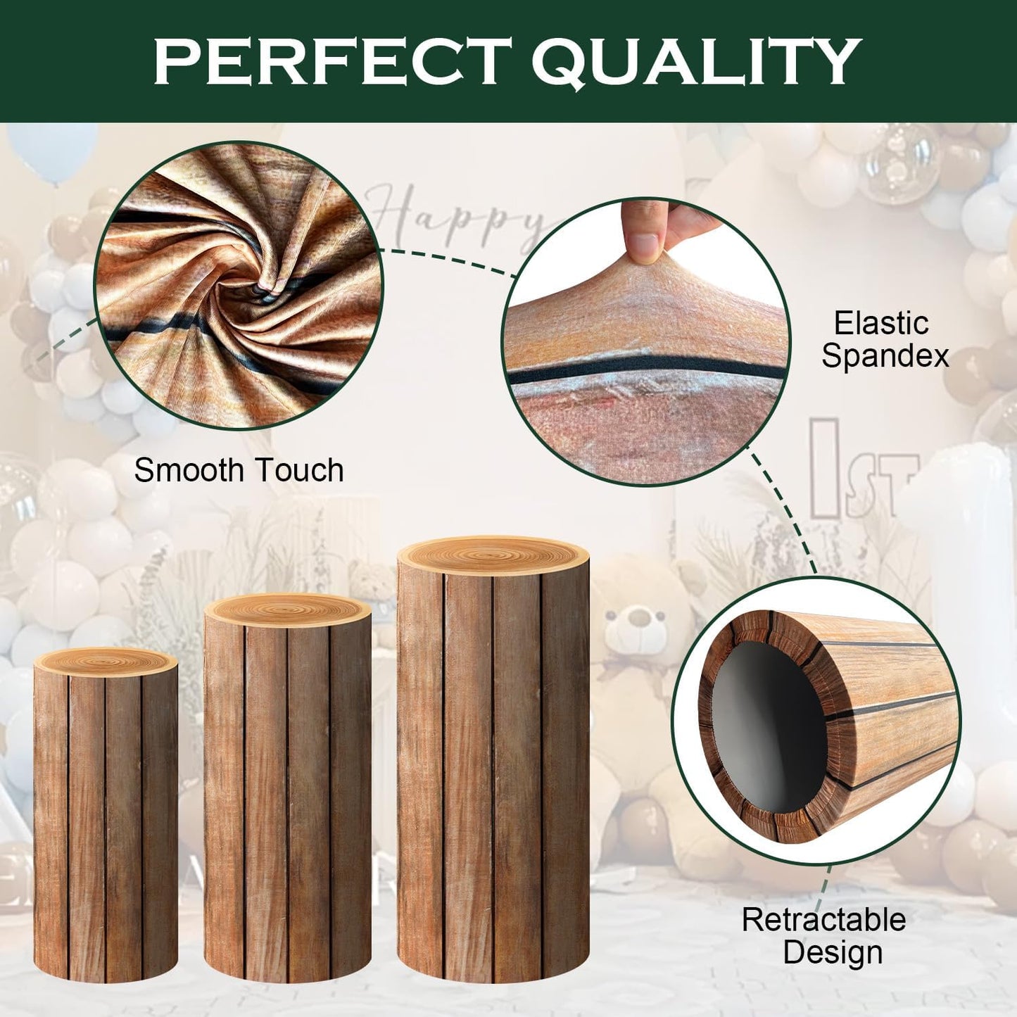 Spandex Wooden Cylinder Stand Covers for Party / WOOD / Set of 3