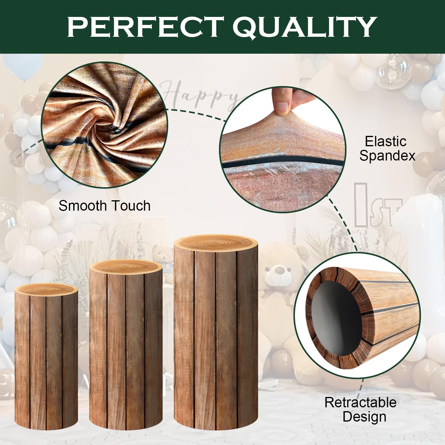 Spandex Wooden Cylinder Stand Covers for Party / WOOD / Set of 3