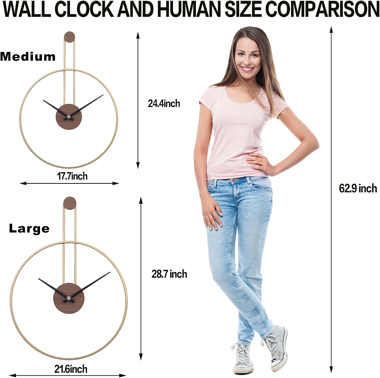 YISITEONE Large Decorative Wall Clock for Living Room,Metal & Walnut Dial Home Decor Silent Non Ticking Lightweight