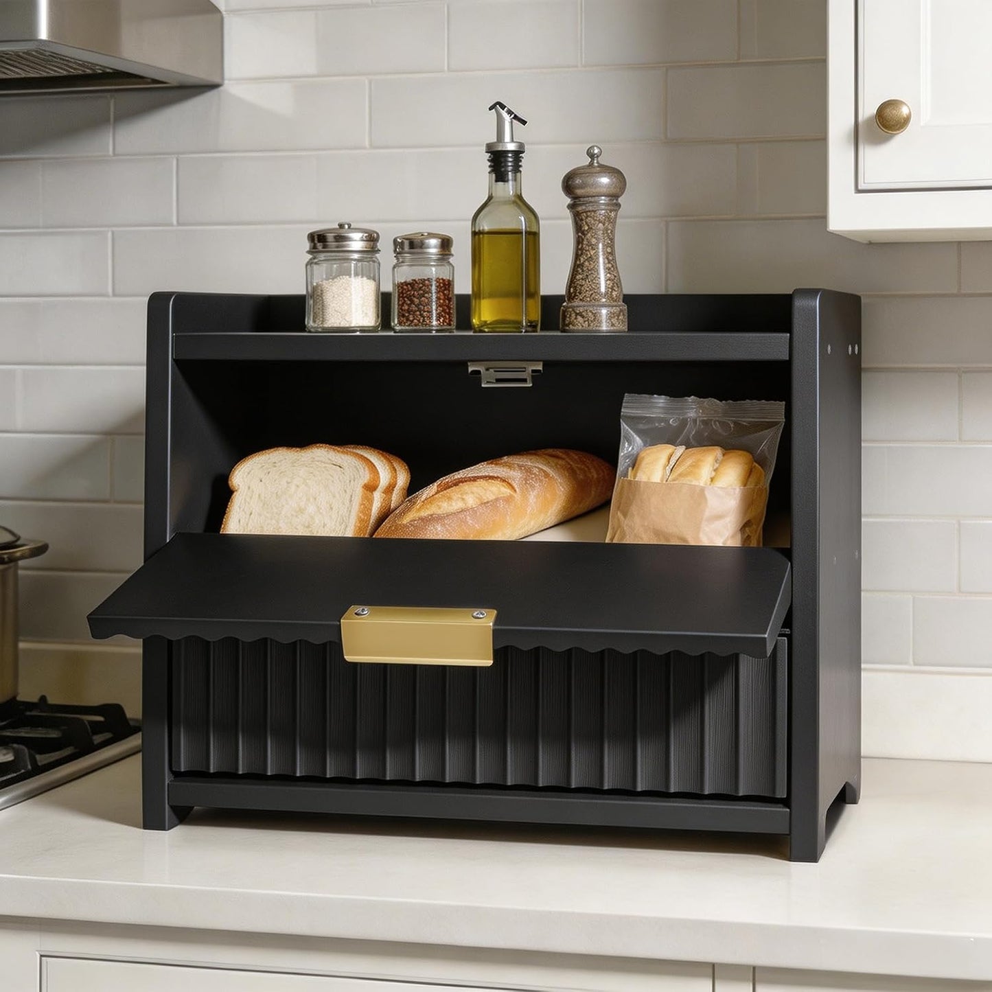 Large Bread Box for Kitchen Counter, Double Layer Wooden Bread Storage Container with Top Shelf, Countertop Organizer