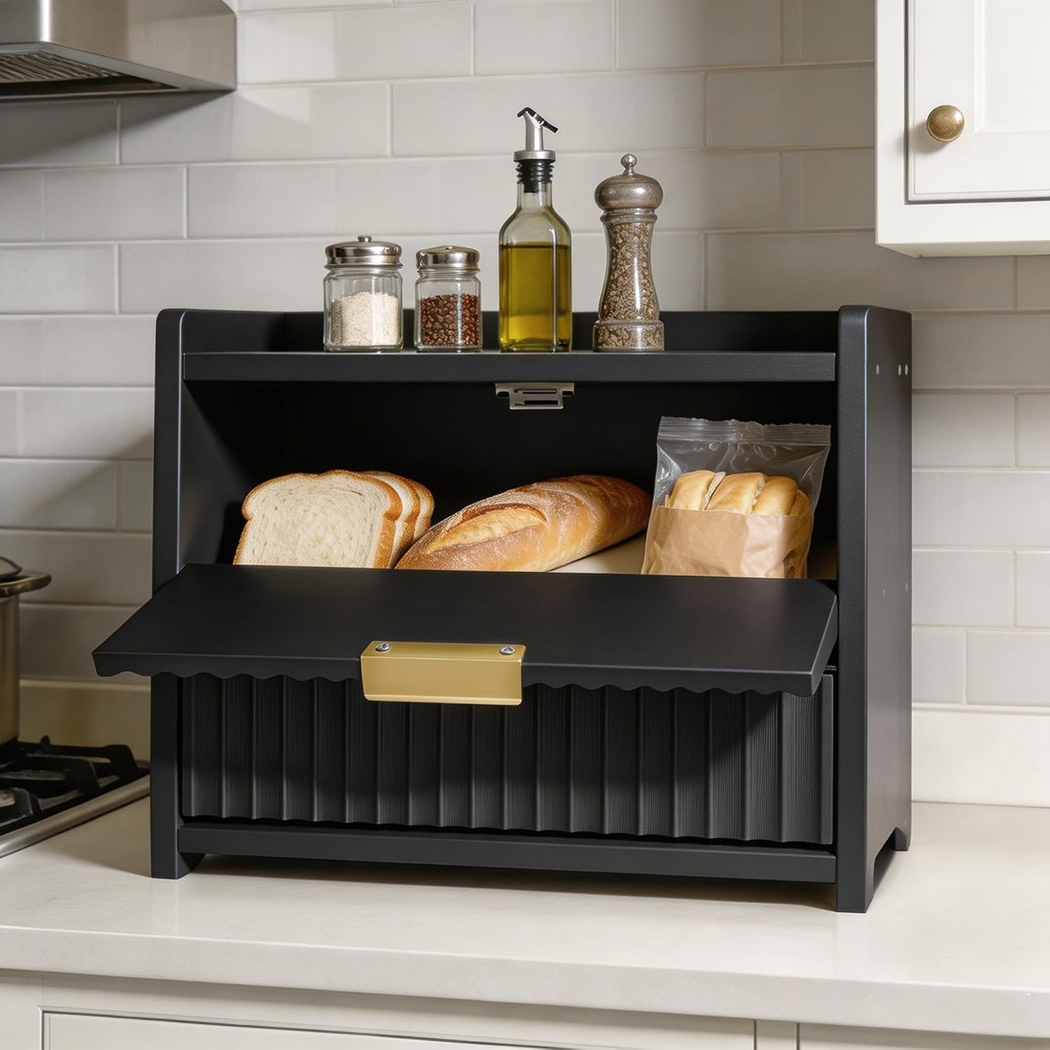 Large Bread Box for Kitchen Counter, Double Layer Wooden Bread Storage Container with Top Shelf, Countertop Organizer