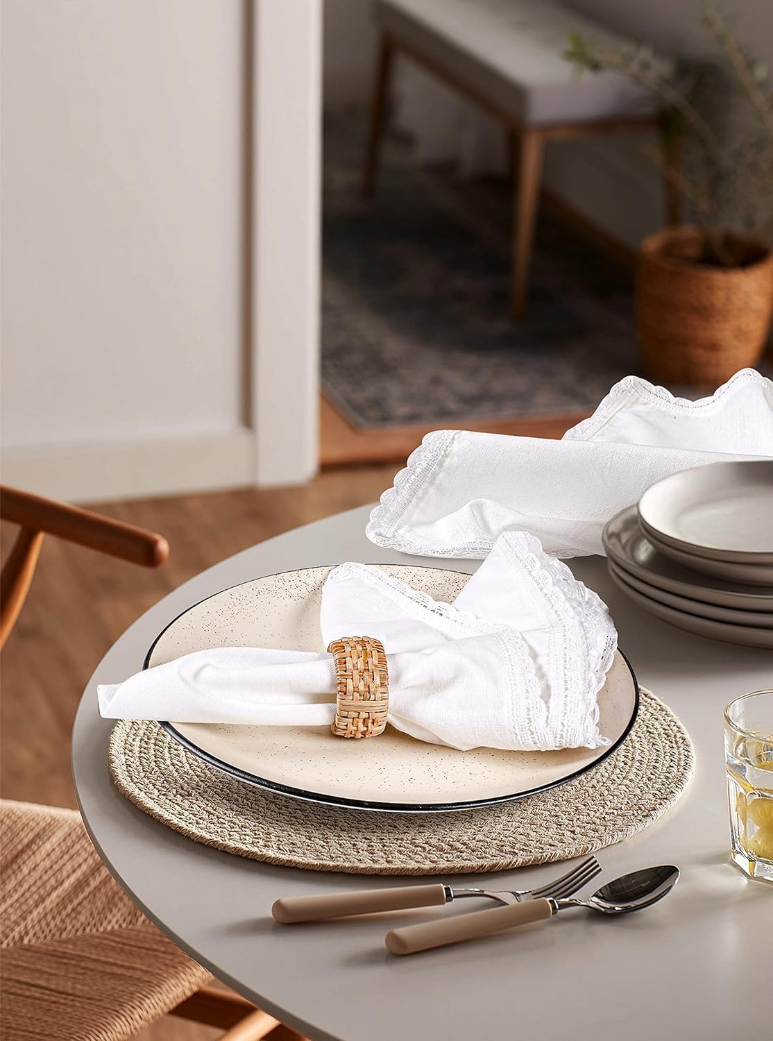 NATURALCRAFT Cloth Napkins Set of 12 Cotton Linen 18x18 inch White Lace | Washable Fabric Soft Durable Breathable for