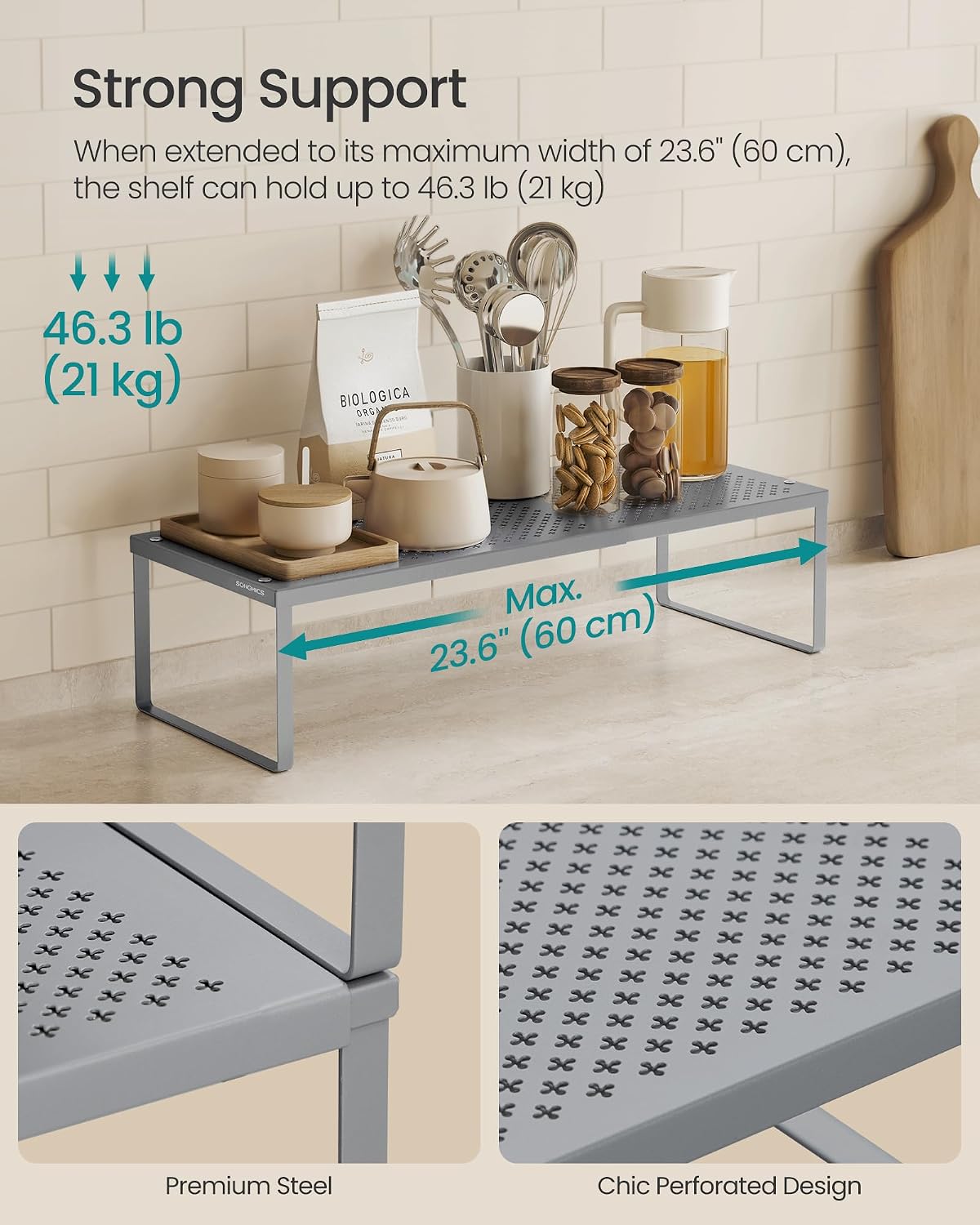 SONGMICS Spice Rack, Expandable Kitchen Countertop Shelf, Steel | Set of 2 small cupboard organizers, space-saving
