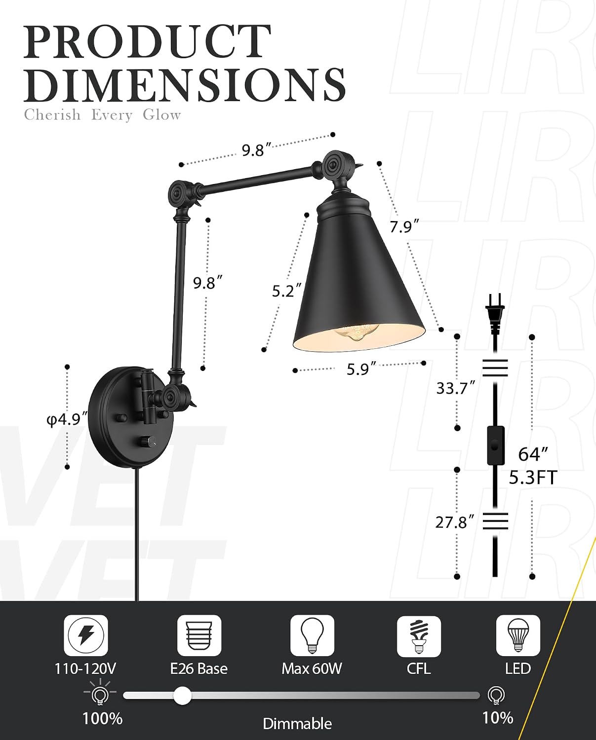 LIROUVET Plug in Wall Sconces Set of Two, Adjustable Swing Arm Wall Lamp, Industrial Sconces Wall Lighting with