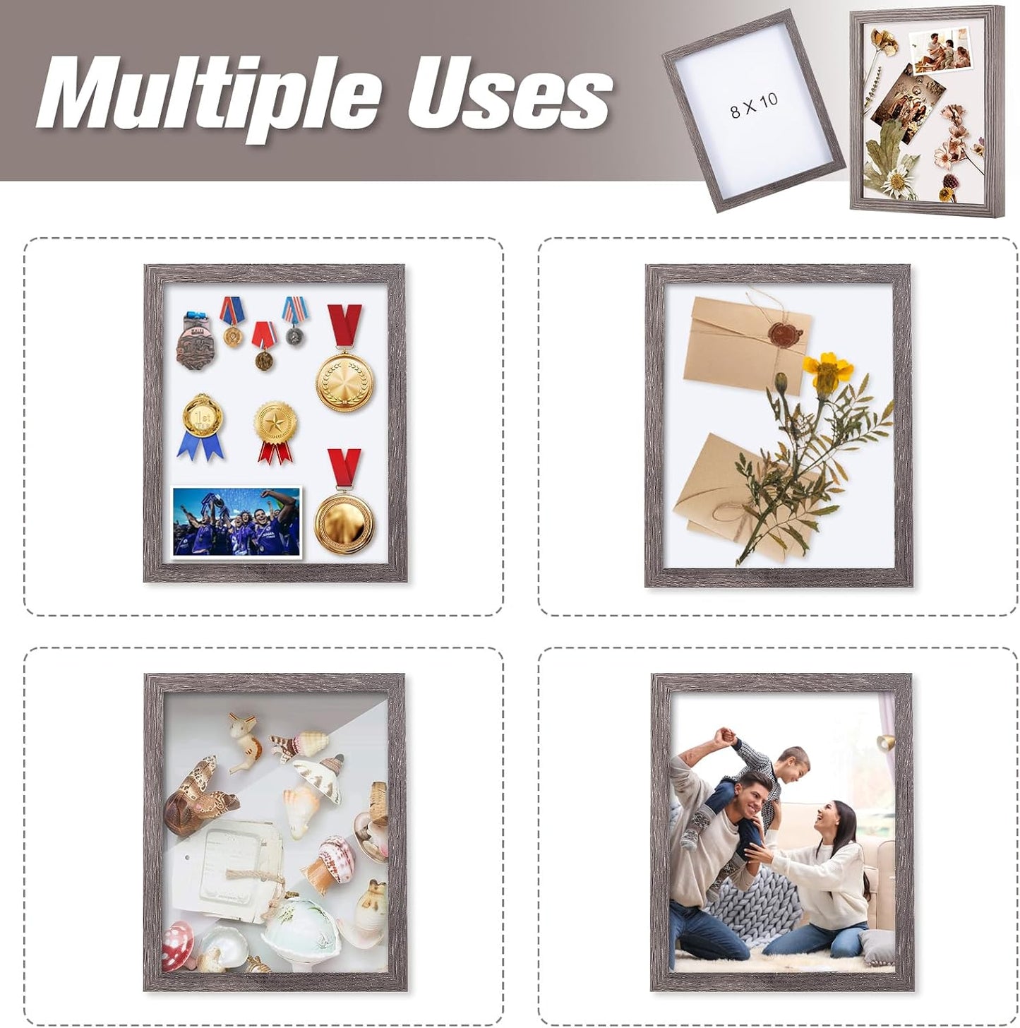 Muzilife 8x10 Shadow Box 3D Picture Frames, Glass, 3 Pack, Texture Gray | FSC-Certified MDF | With Stand | Tabletop or